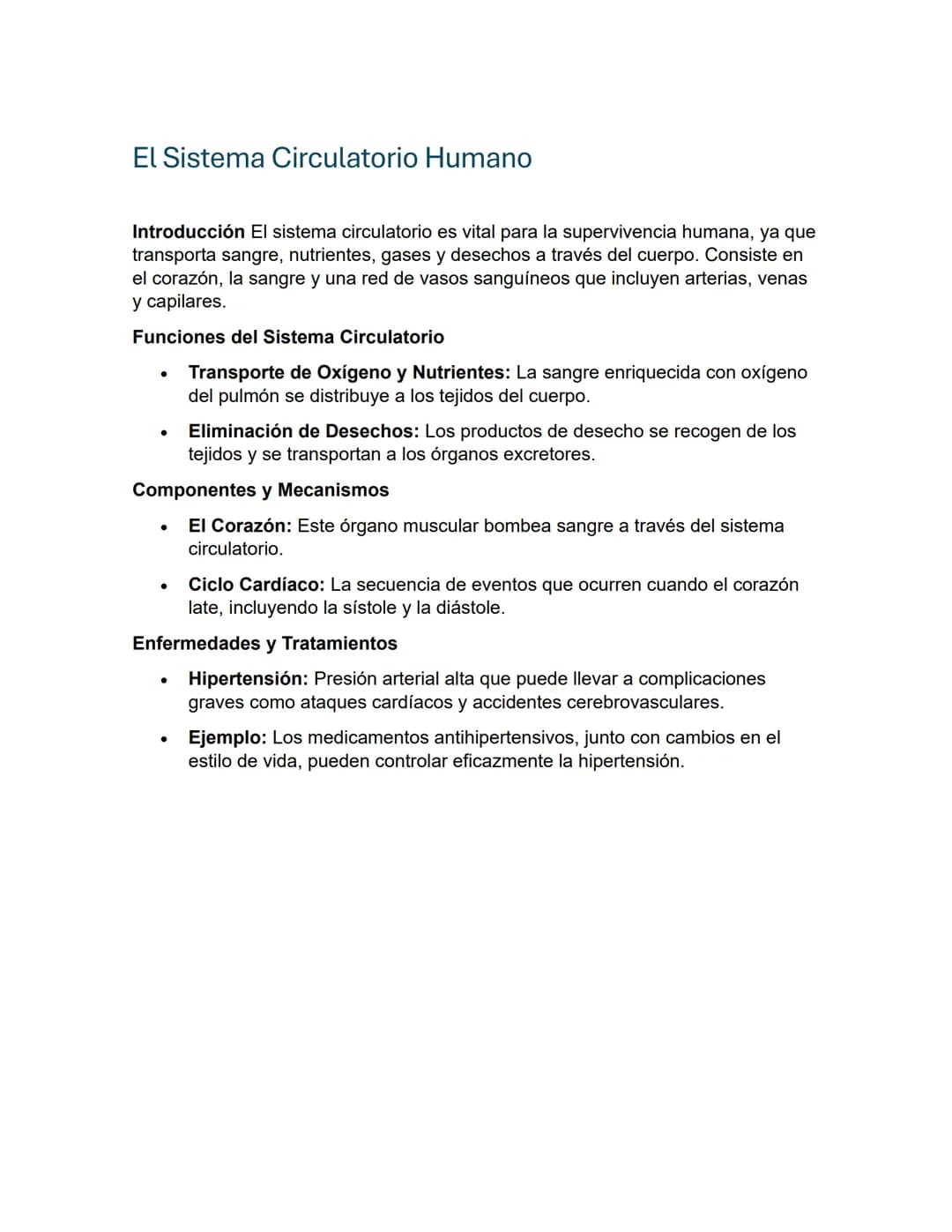 El Sistema Circulatorio Humano
Introducción El sistema circulatorio es vital para la supervivencia humana, ya que
transporta sangre, nutrien