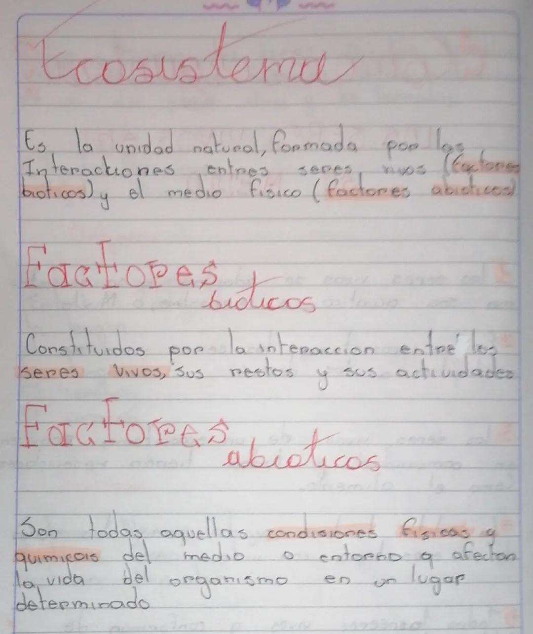 Ecosistema

Es la unidad natural, formada por las
Interactiones entres seres vivos (factores
bioticos) y el medio fisico (factores abisticos