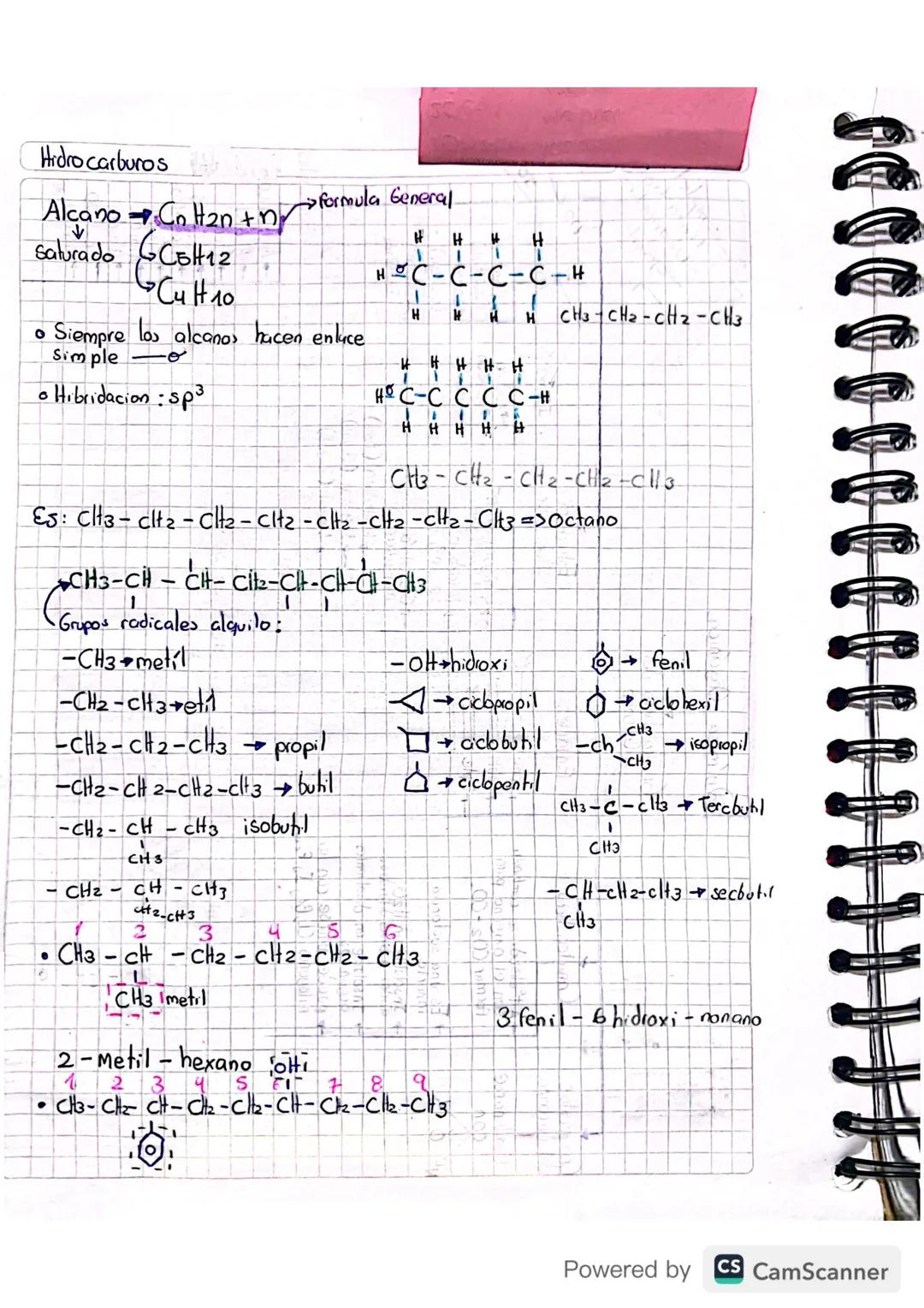 ```markdown
Hidrocarburos
Alcano $C_nH_{2n} + n$ formula General
Salurado $C_5H_{12}$
$C_4H_{10}$

*   Siempre los alcanos hacen enluce
    