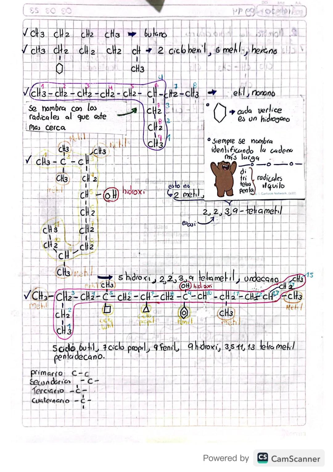```markdown
Hidrocarburos
Alcano $C_nH_{2n} + n$ formula General
Salurado $C_5H_{12}$
$C_4H_{10}$

*   Siempre los alcanos hacen enluce
    