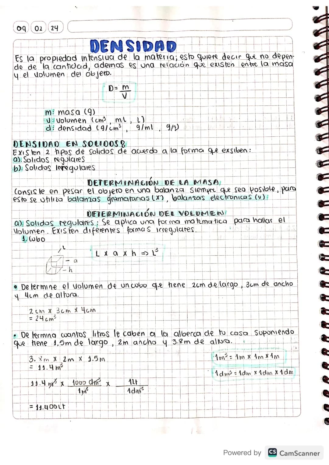 09
02 24
DENSIDAD
Es la propiedad intensiva de la materia; esto quiere decir que no depen-
de de la cantidad, ademas es una relación que exi
