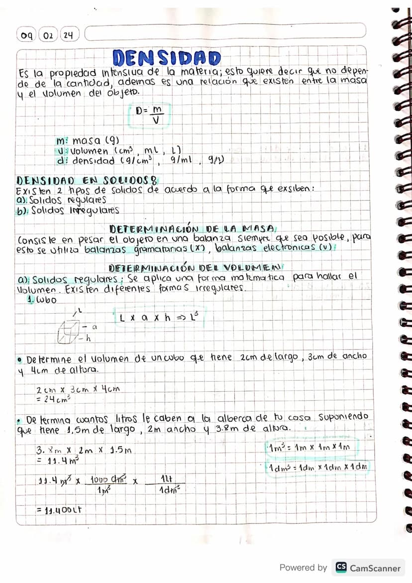 09
02 24
DENSIDAD
Es la propiedad intensiva de la materia; esto quiere decir que no depen-
de de la cantidad, ademas es una relación que exi