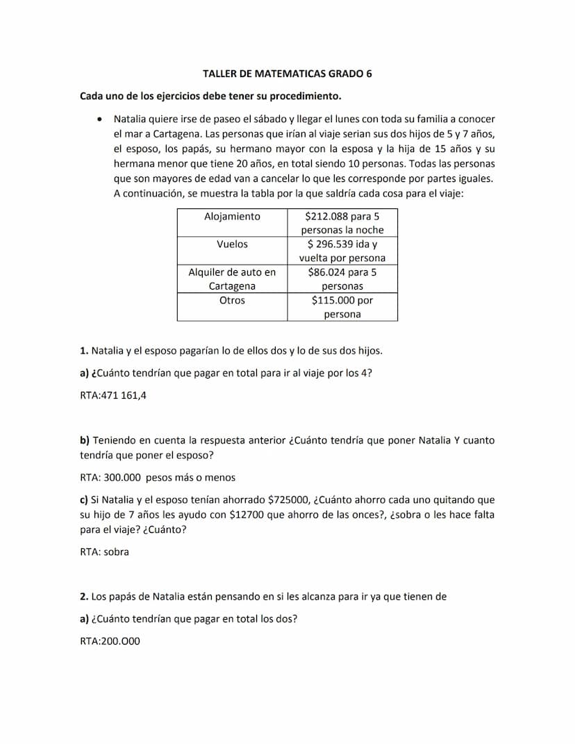 TALLER DE MATEMATICAS GRADO 6
Cada uno de los ejercicios debe tener su procedimiento.
•
Natalia quiere irse de paseo el sábado y llegar el l