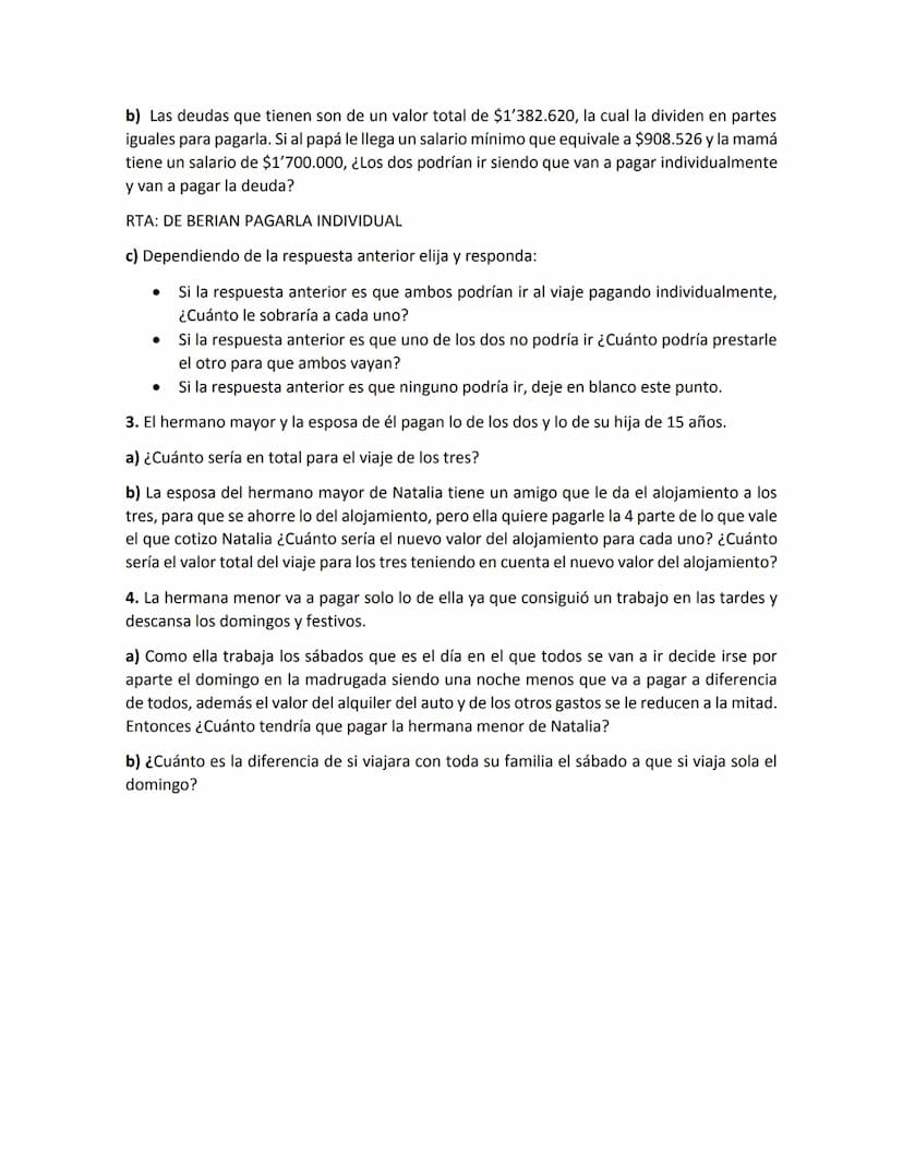 TALLER DE MATEMATICAS GRADO 6
Cada uno de los ejercicios debe tener su procedimiento.
•
Natalia quiere irse de paseo el sábado y llegar el l