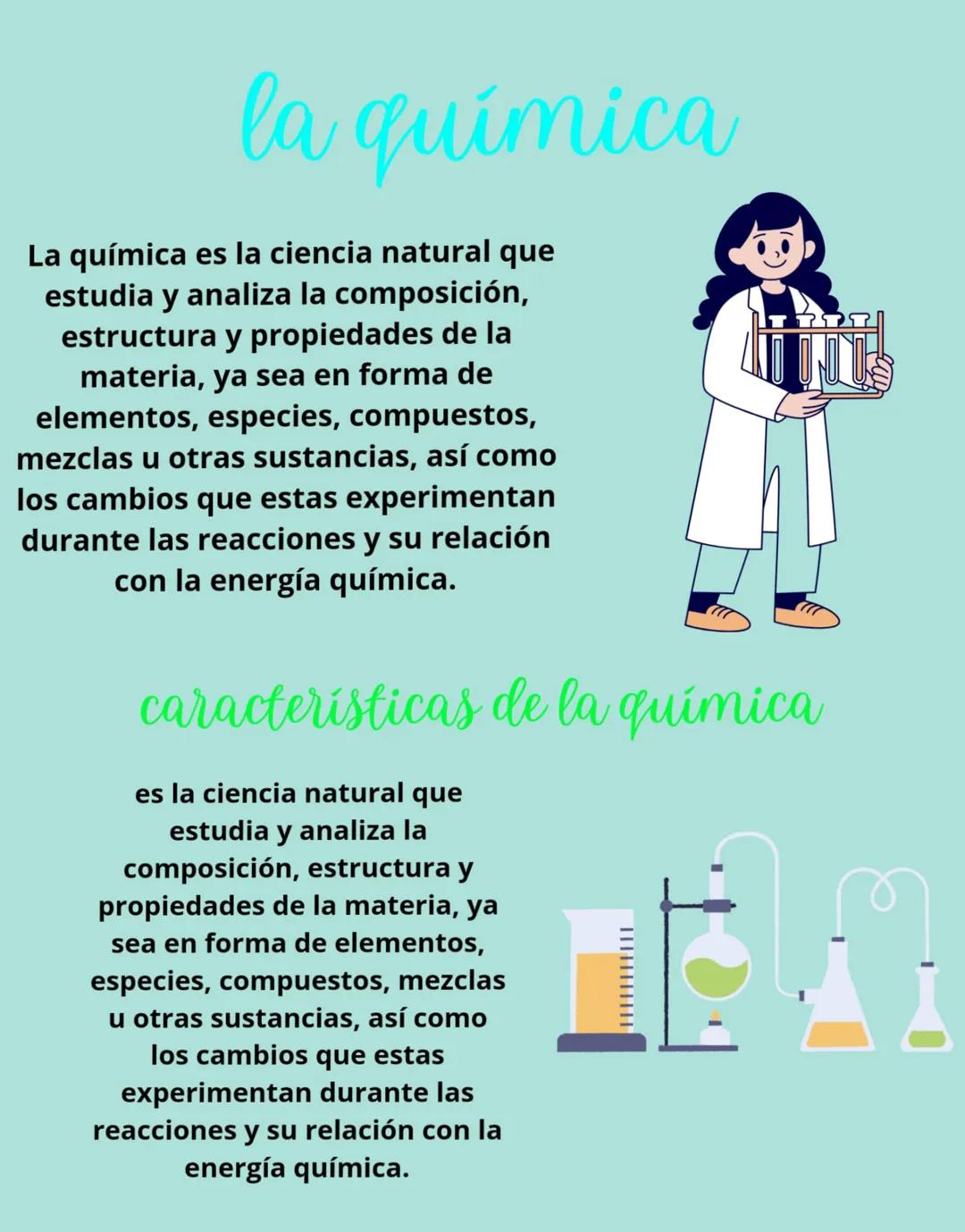 la química
La química es la ciencia natural que
estudia y analiza la composición,
estructura y propiedades de la
materia, ya sea en forma de