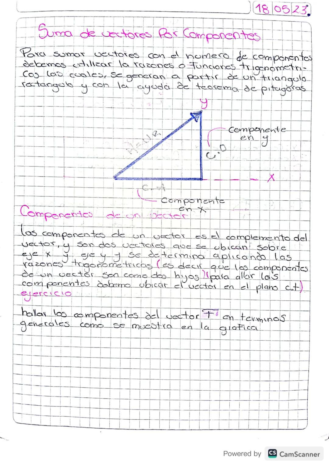 180523
# Suma de vectores for Componentes
Para sumar vectores con el numero de componentes
debemos utilizar la razones o funciones trigonome