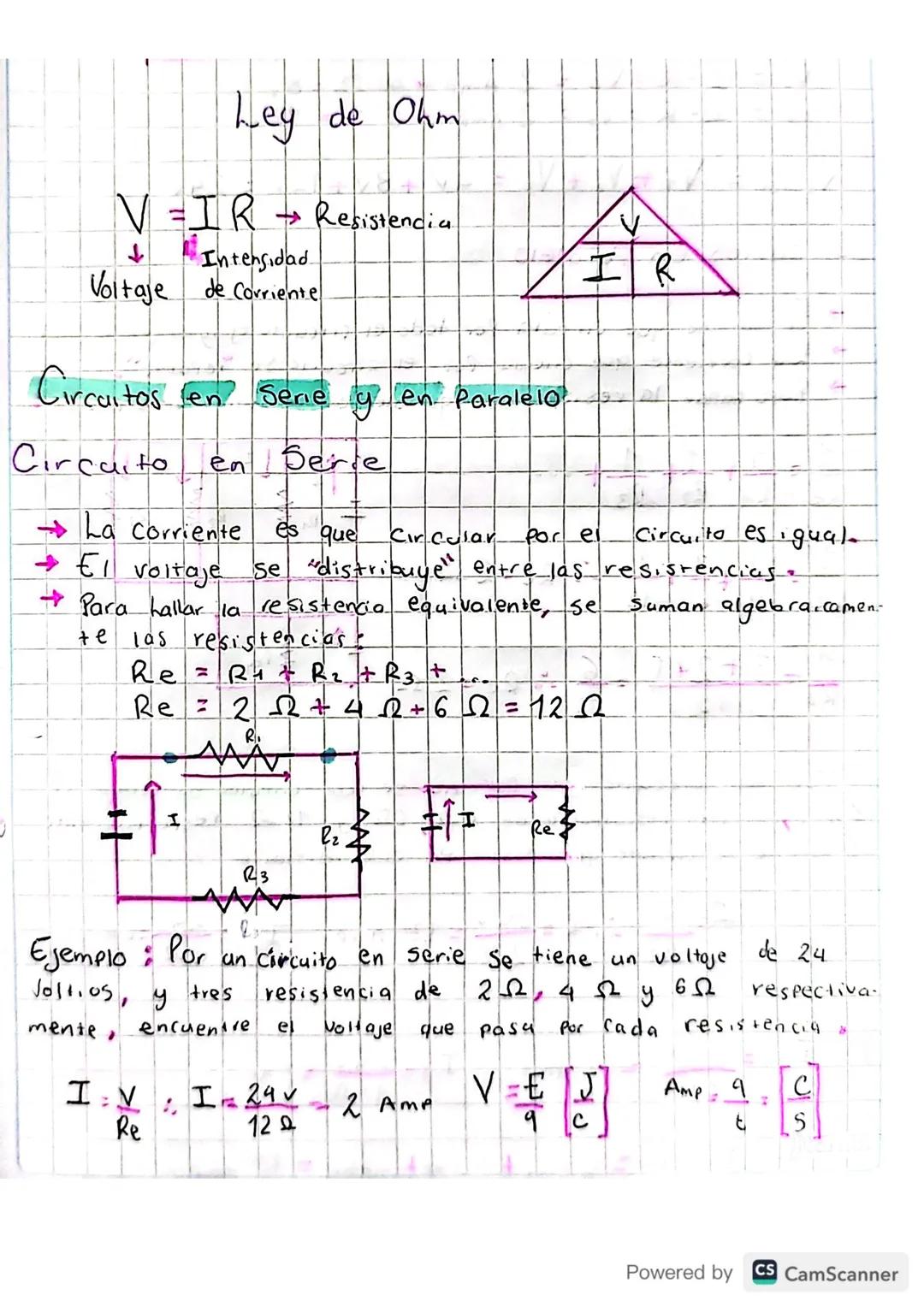 Ley de Ohm
V=IR
+
Intensidad.
Voltaje de Corriente
Resistencia
Circuitos en Sene y en Paralelo
Circuito en
en Serie
La corriente es que
IR
C