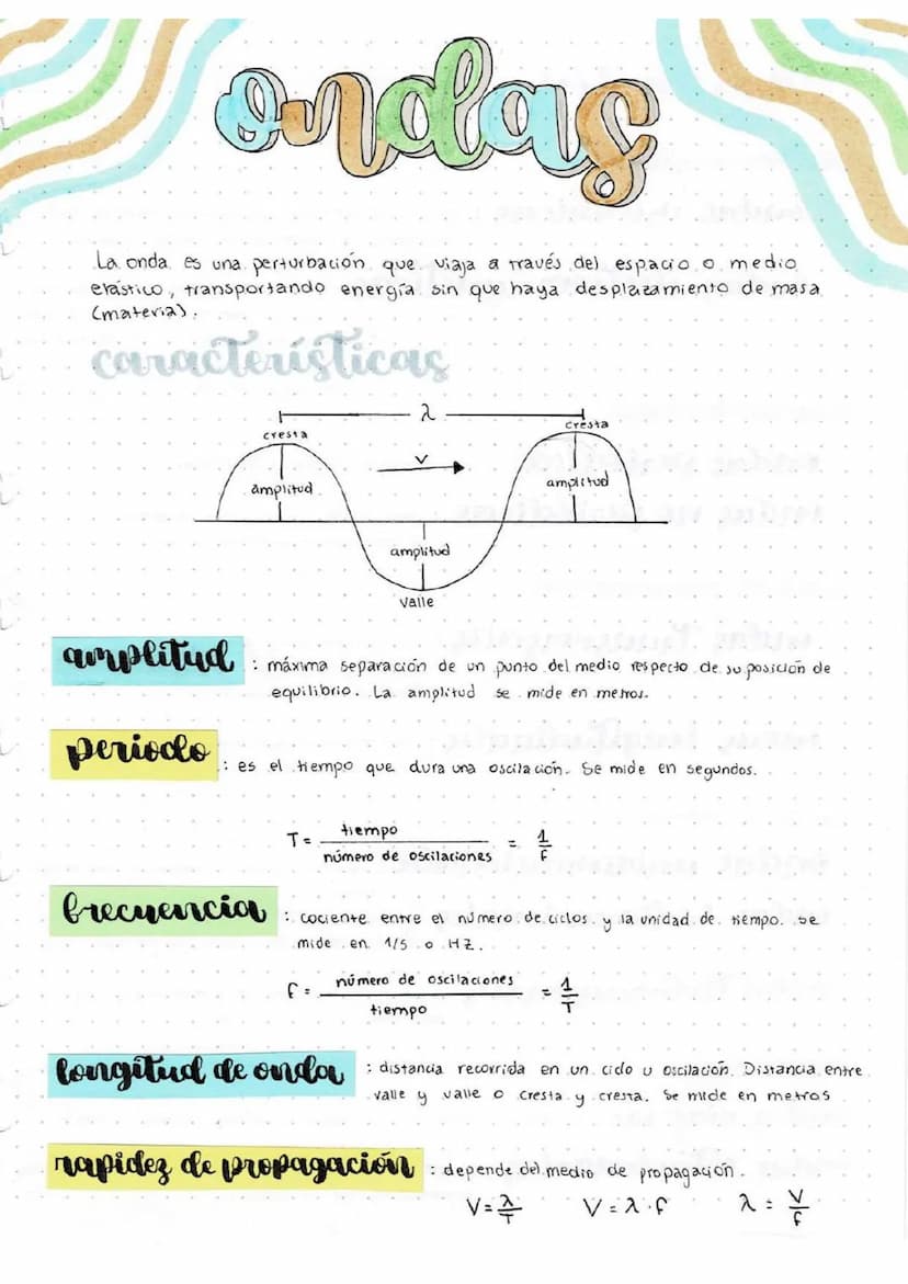 Ondas
La onda, es una perturbación que viaja a través del espacio o medio.
elástico, transportando energía sin que haya desplazamiento de ma