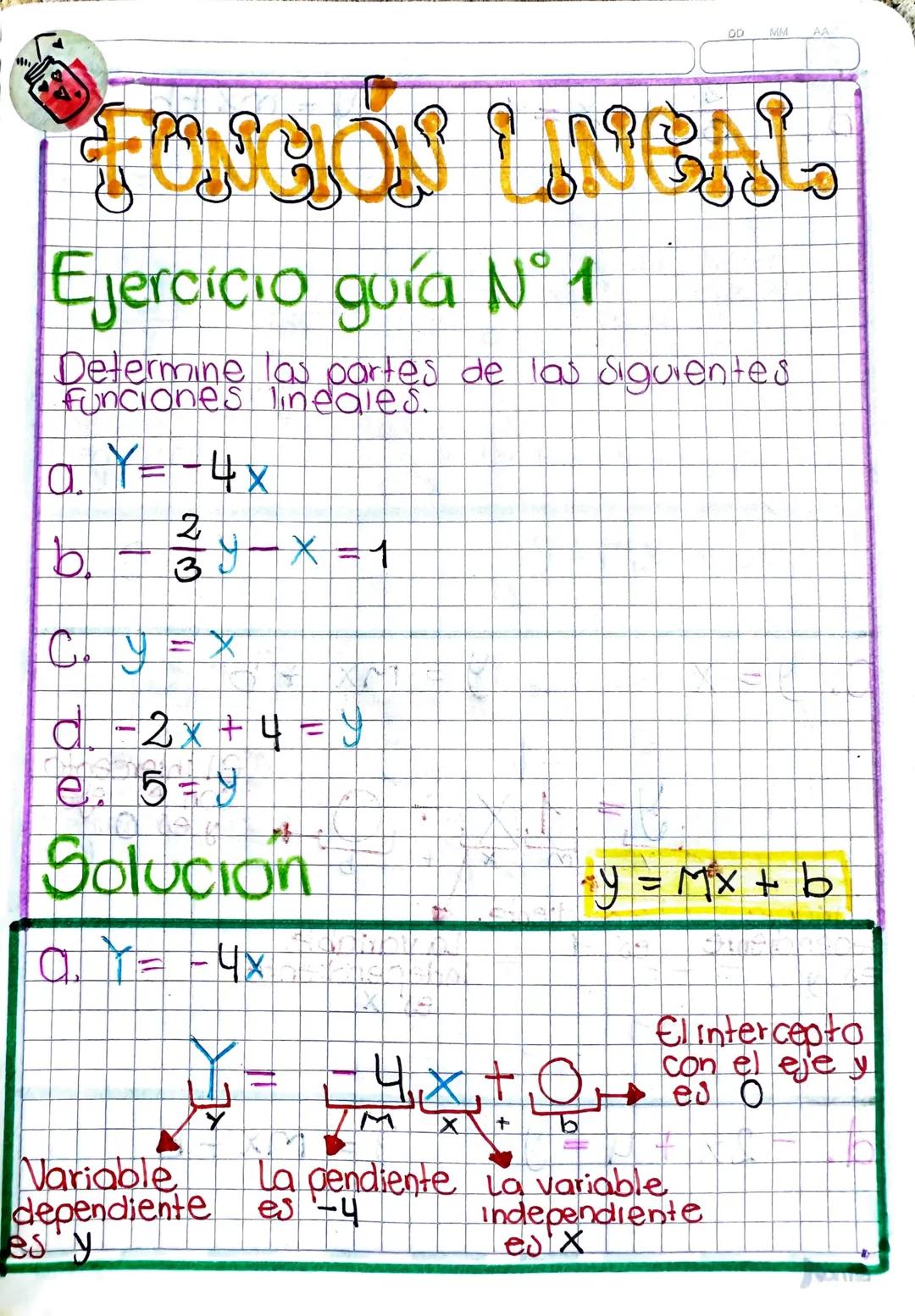 DD
MM
AA
UNBAL
FONGÓS LINEN.
Ejercicio guía N°1
Determine las partes de las siguientes
Funciones lineales.
a. Y = -4x
Y=-4x
Ο
b
39-x=1
C. y 