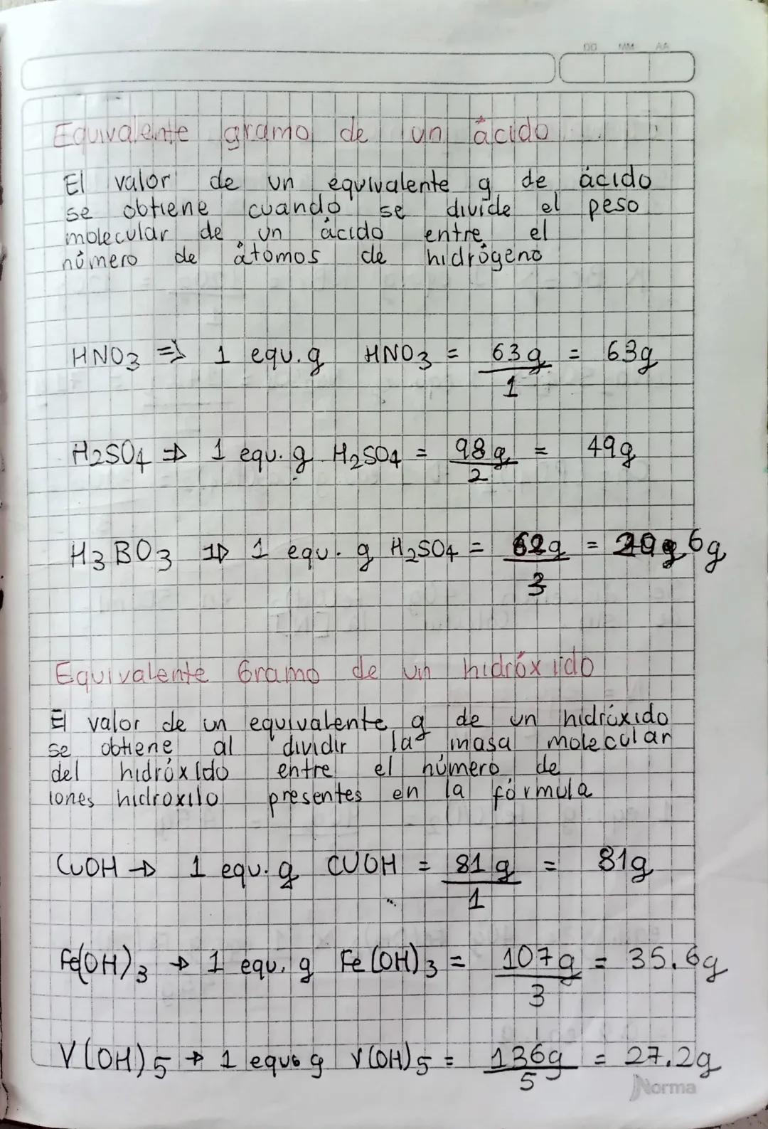 Se define
NORMALIDAD
со то los equivalentes & stox Lsin
N = equ. g sto
L sin
equ.g depende de
El valor de
naturaleza del
hidróxido, un ácido