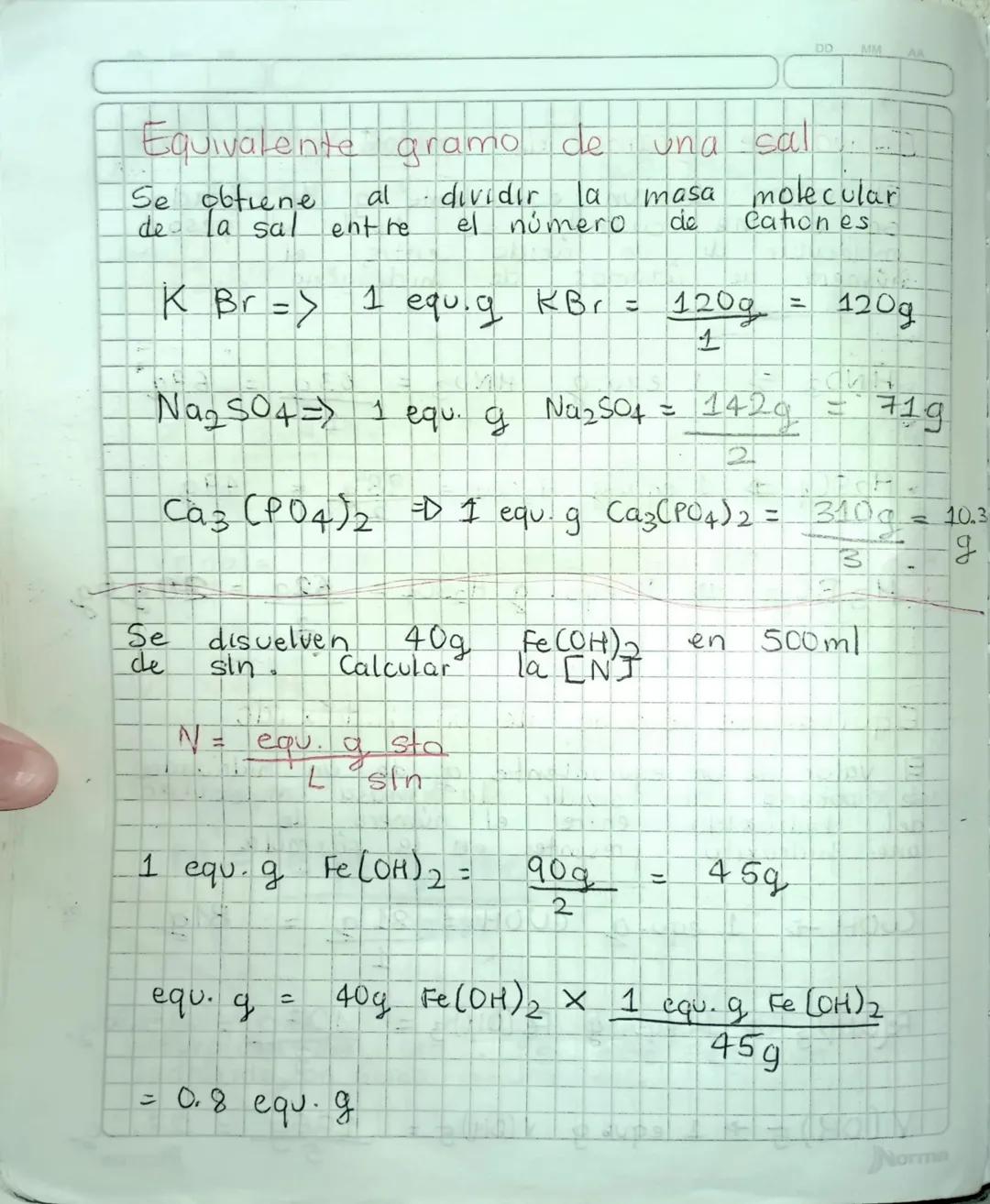 Se define
NORMALIDAD
со то los equivalentes & stox Lsin
N = equ. g sto
L sin
equ.g depende de
El valor de
naturaleza del
hidróxido, un ácido