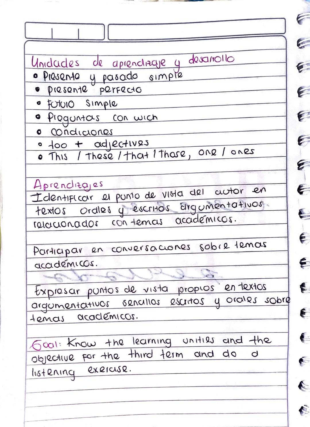Unidades de aprendizaje y
• Presente y pasado simple
• presente perfecto
• Fot010 Simple
0
Preguntas con wich
• condiciones
• too +
adjectiv