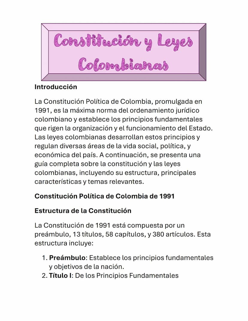 Constitución y Leyes
Colombianas
Introducción
La Constitución Política de Colombia, promulgada en
1991, es la máxima norma del ordenamiento 