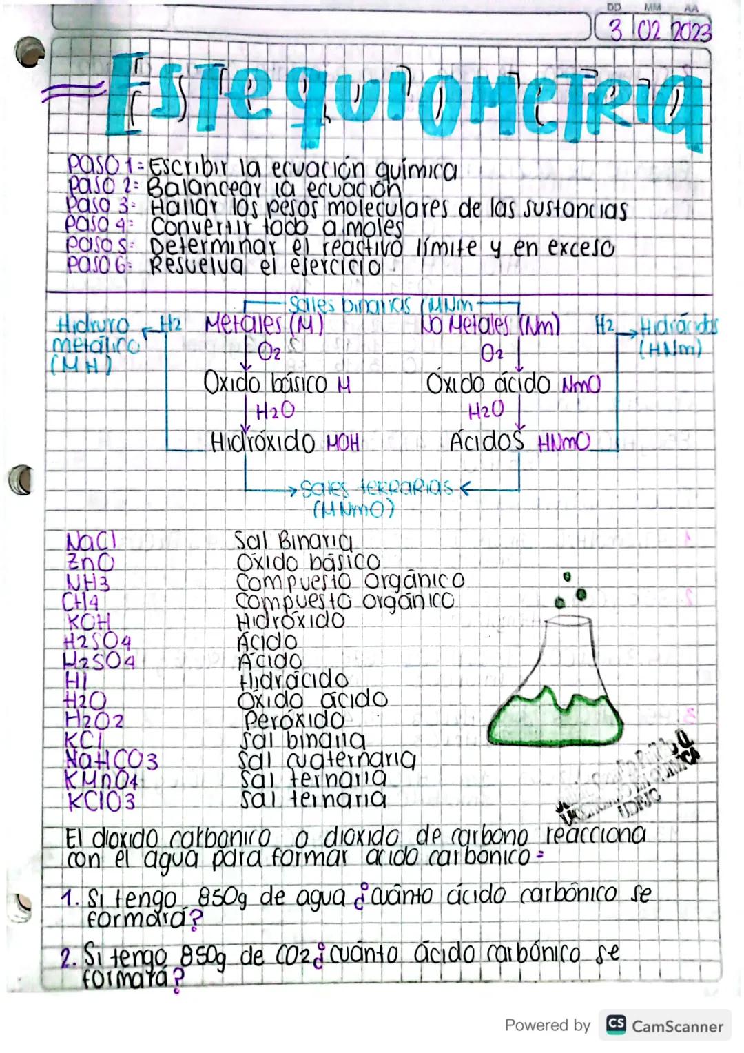 DD
MM AA
3 02 2023

# EstequioMCTRIQ

PASO 1= Escribir la ecuación química
Paso 2: Balancear la ecuación
Paso 3: Hallar los pesos moleculare