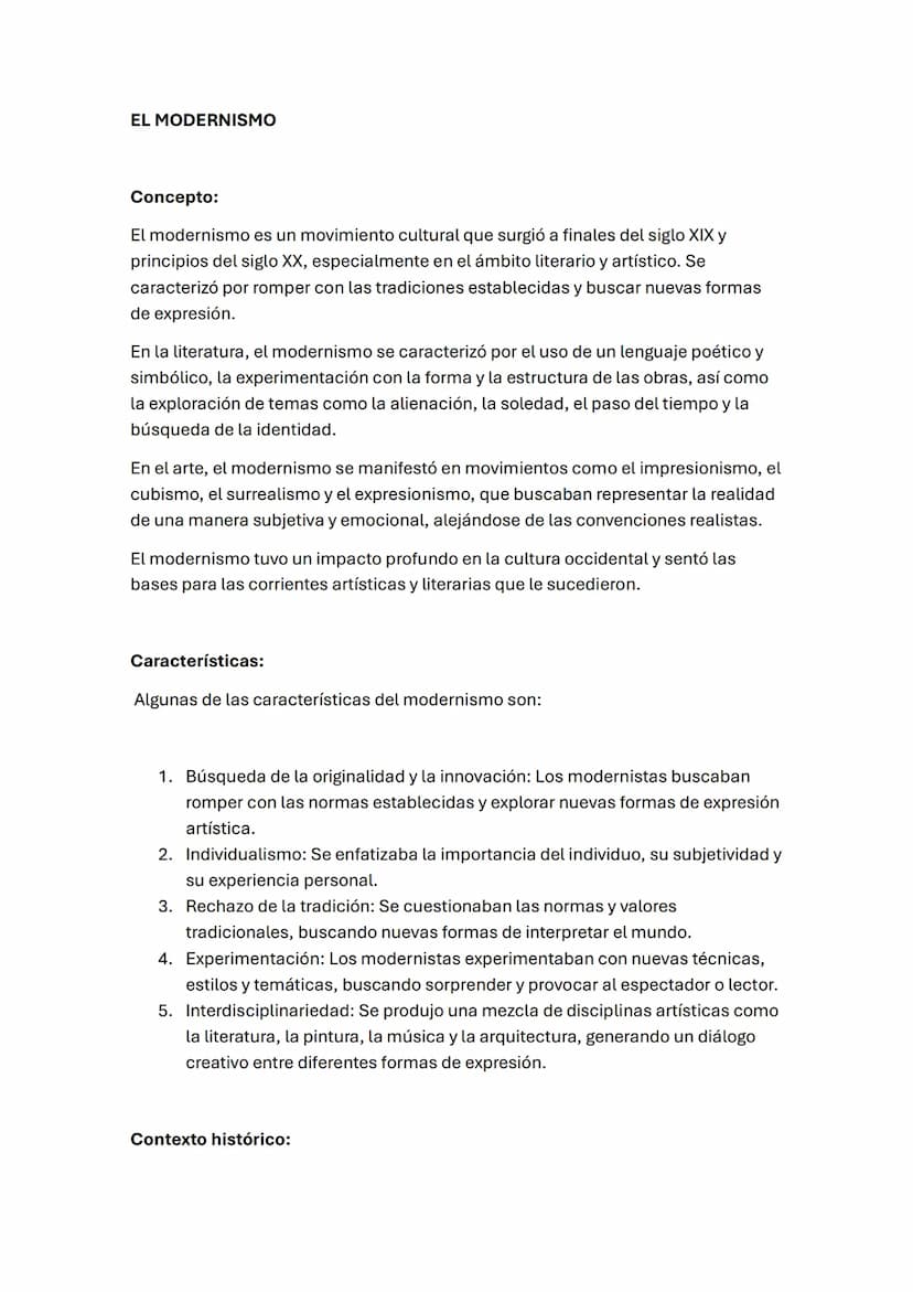 EL MODERNISMO
Concepto:
El modernismo es un movimiento cultural que surgió a finales del siglo XIX y
principios del siglo XX, especialmente 