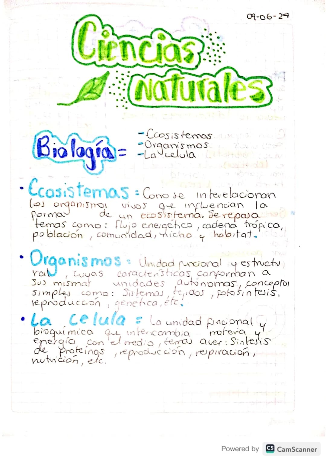 09-06-24
Ciencias
Naturales
·
Biología=
-Ecosistemas.
-Organismos
= -La celula Lalonde
• Ecosistemas = Conose interelacionan
los organismos
