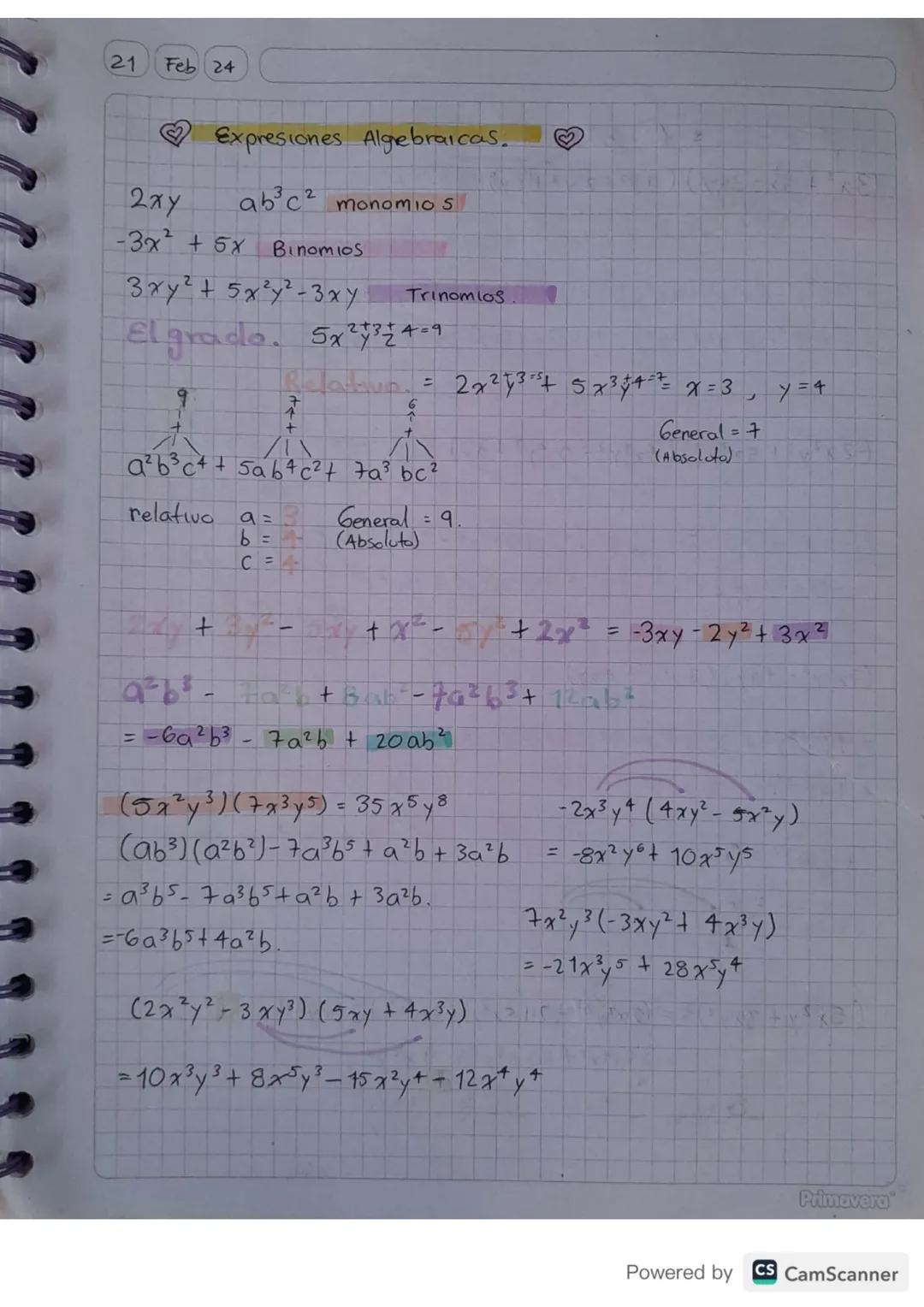 21 Feb 24

Expresiones Algebraicas. ♡

2xy ab³c² monomios

-3x² + 5x Binomios

3xy² + 5x²y²-3xy Trinomios

El grado. $5x^2y^{3+2} = 9$

rela