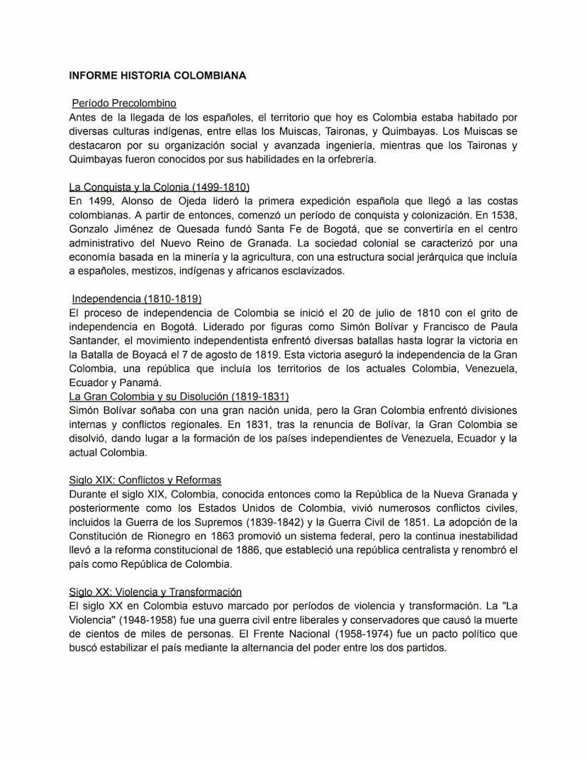 INFORME HISTORIA COLOMBIANA
Período Precolombino
Antes de la llegada de los españoles, el territorio que hoy es Colombia estaba habitado por