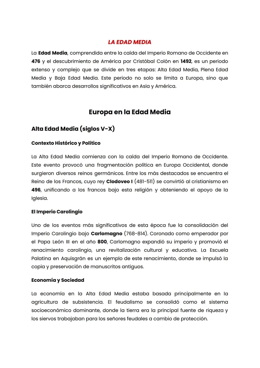 LA EDAD MEDIA
La Edad Media, comprendida entre la caída del Imperio Romano de Occidente en
476 y el descubrimiento de América por Cristóbal 