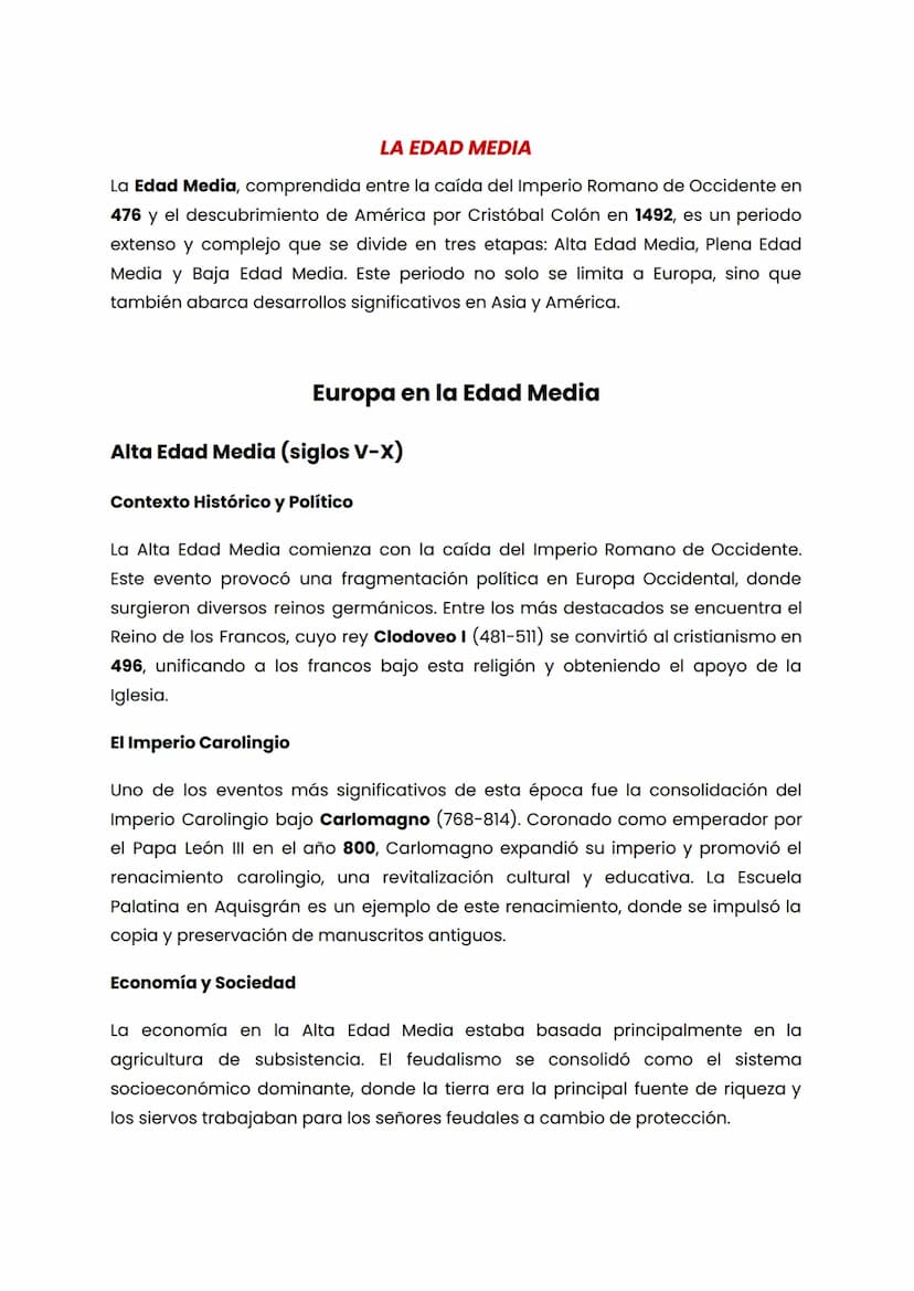 LA EDAD MEDIA
La Edad Media, comprendida entre la caída del Imperio Romano de Occidente en
476 y el descubrimiento de América por Cristóbal 