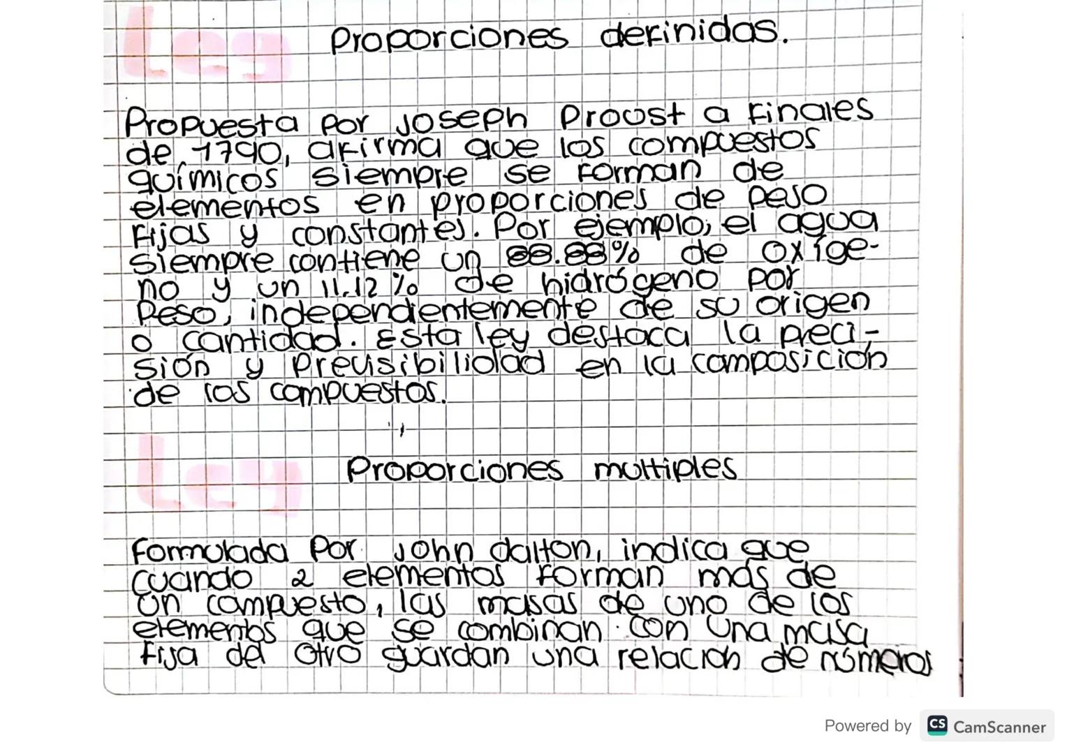 Proporciones derinidas.

Propuesta por Joseph Proust a finales
de 1790, afirma que los compuestos
químicos siempre se forman de
elementos en