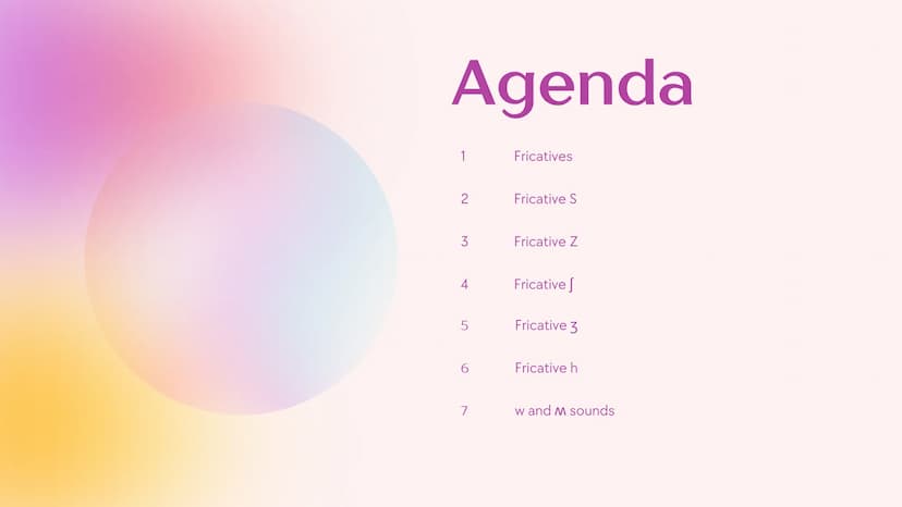 Agenda
1
Fricatives
2
Fricative S
3
Fricative Z
4
Fricative
5
Fricative 3
6
Fricative h
7
w and M sounds What are
fricatives?
Sounds result 