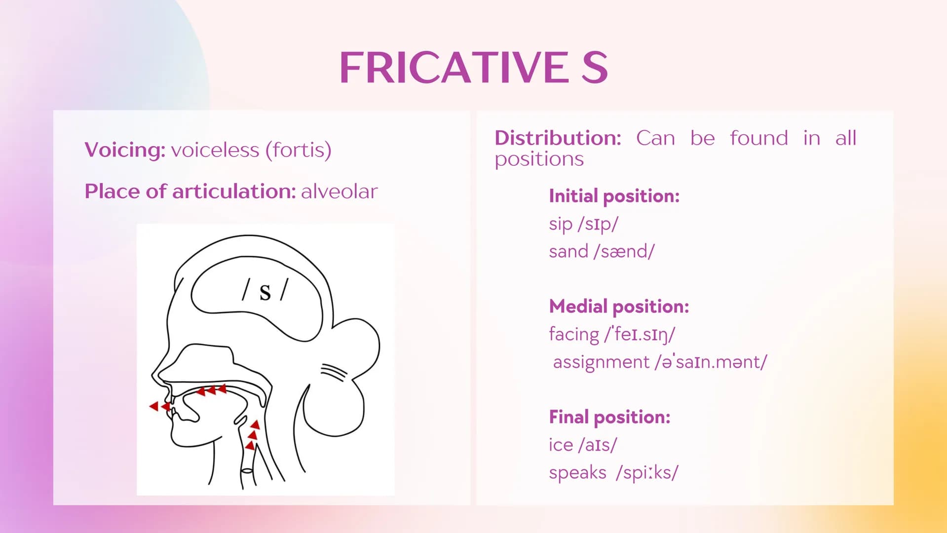 Agenda
1
Fricatives
2
Fricative S
3
Fricative Z
4
Fricative
5
Fricative 3
6
Fricative h
7
w and M sounds What are
fricatives?
Sounds result 