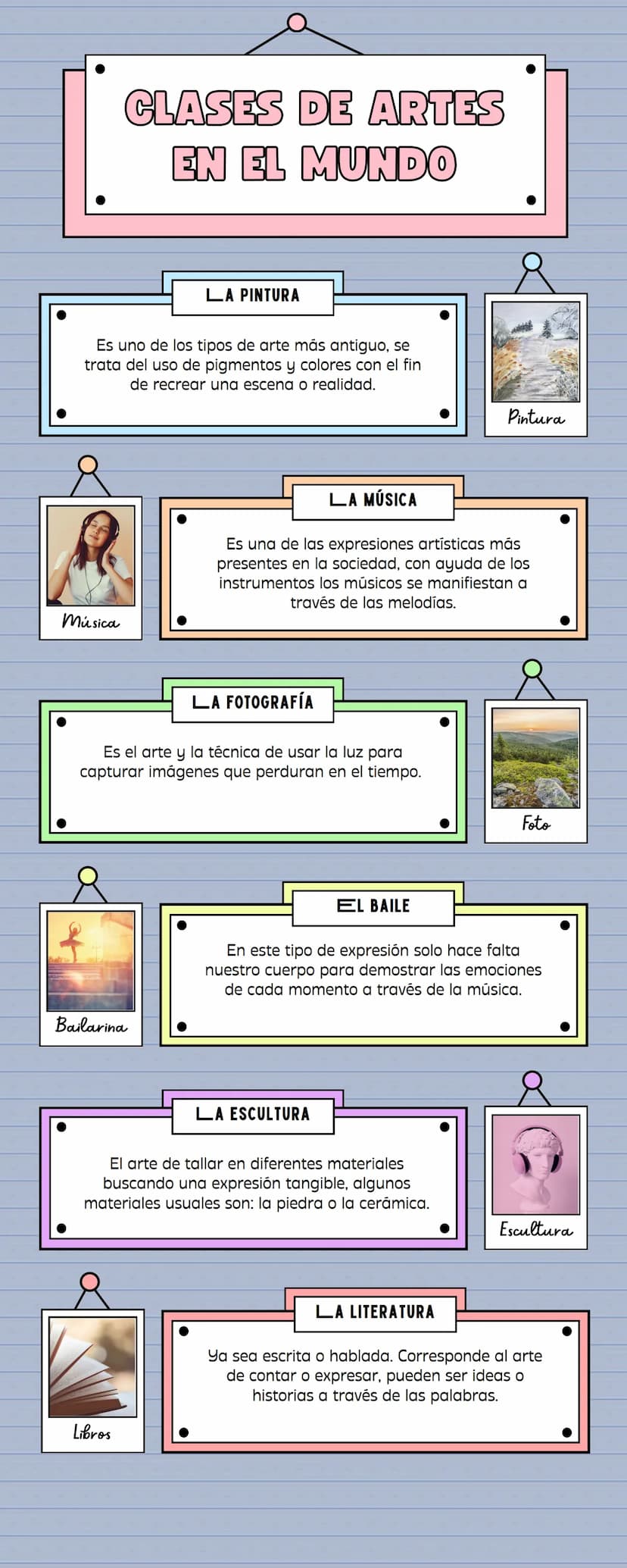 CLASES DE ARTES
EN EL MUNDO
LA PINTURA
Es uno de los tipos de arte más antiguo, se
trata del uso de pigmentos y colores con el fin
de recrea