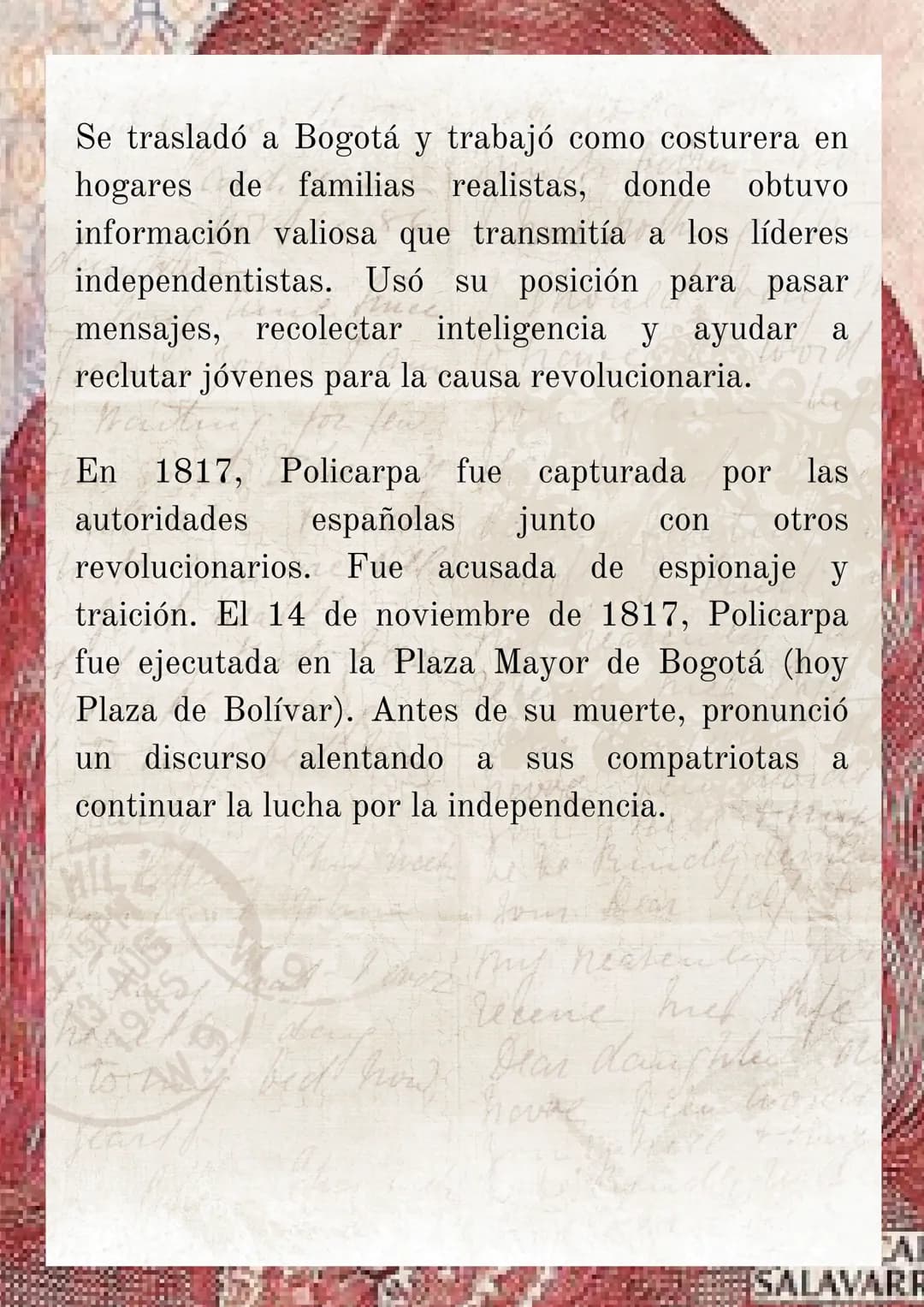 POLICARPA
SALAVARRIETA
(1.795 1.817)
-
to my bed how
Dear damph
hove
Policarpa Salavarrieta Ríos, nació en Guaduas,
Virreinato de la Nueva G
