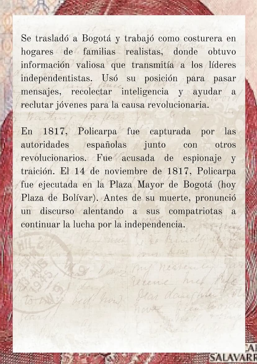 POLICARPA
SALAVARRIETA
(1.795 1.817)
-
to my bed how
Dear damph
hove
Policarpa Salavarrieta Ríos, nació en Guaduas,
Virreinato de la Nueva G