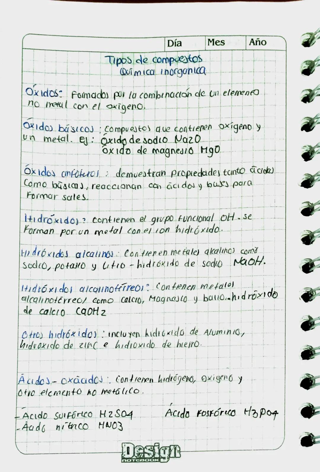 Día
Mes
Año

Tipos de compuestos
Quimica inorganica

Oxidos: Formados por la combinación de un elements
no metal con el oxigeno.

Oxidos bás