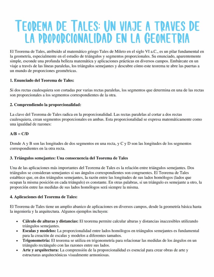 TEOREMA DE TALES: UN VIAJE A TRAVES DE
LA PROPORCIONALIDAD EN LA GEOMETRIA
El Teorema de Tales, atribuido al matemático griego Tales de Mile