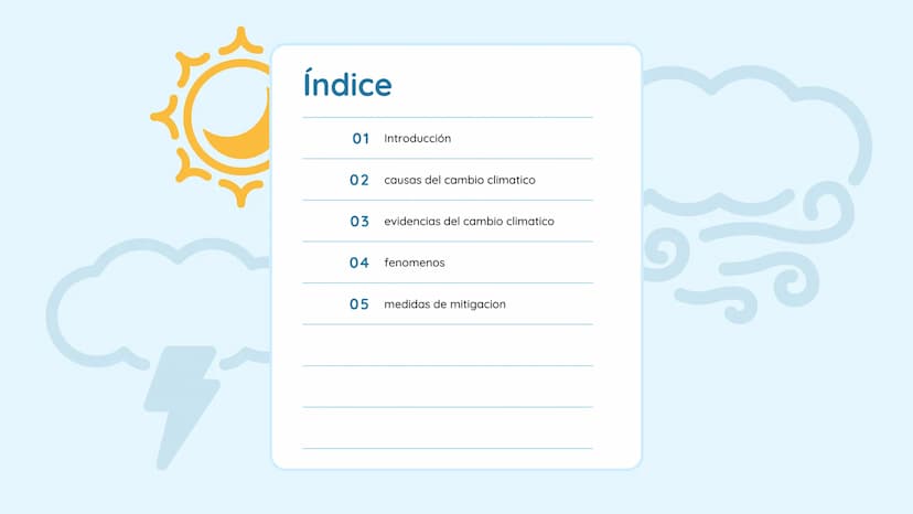ی
Cambio climatico Índice
01 Introducción
02
causas del cambio climatico
03
evidencias del cambio climatico
04
fenomenos
05
medidas de mitig