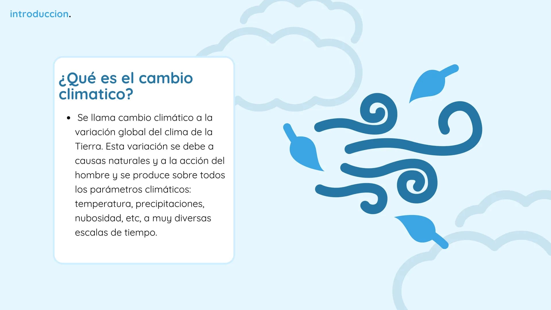 ی
Cambio climatico Índice
01 Introducción
02
causas del cambio climatico
03
evidencias del cambio climatico
04
fenomenos
05
medidas de mitig
