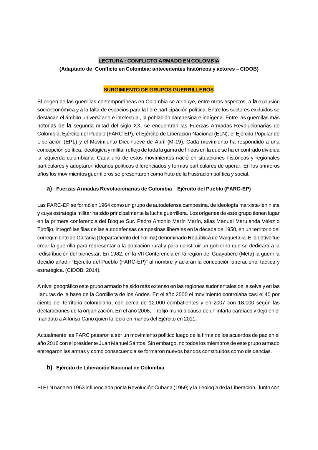 Lectura sobre conflicto armado en Colombia