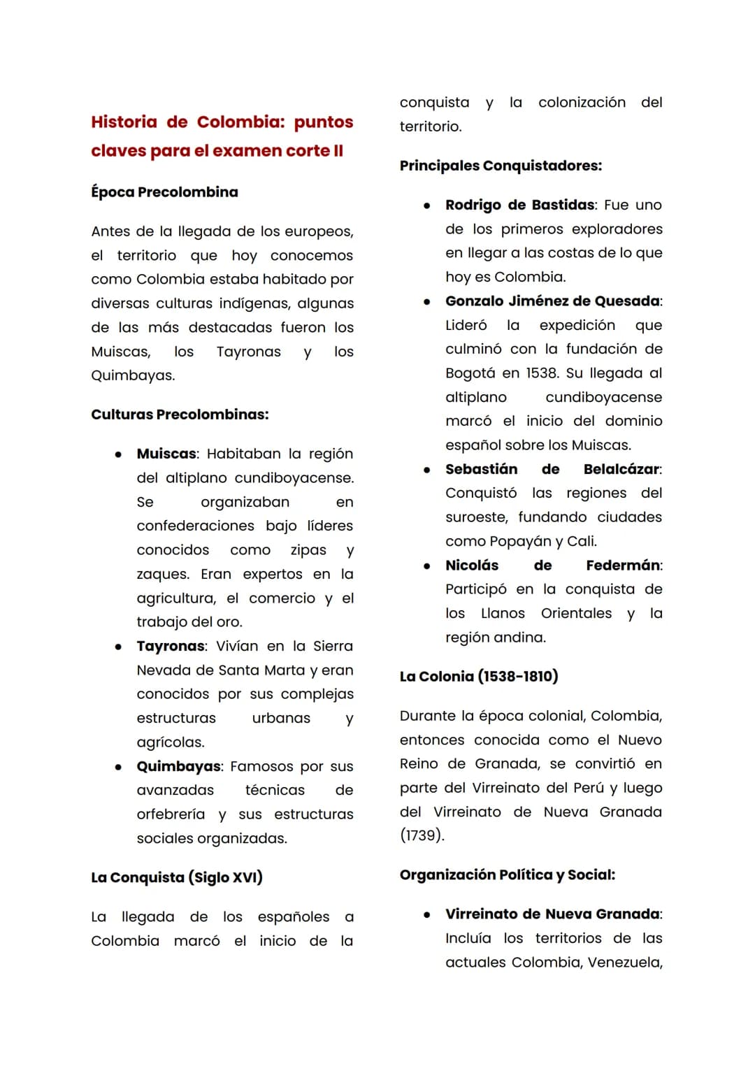 Historia de Colombia: puntos
claves para el examen corte II
Época Precolombina
Antes de la llegada de los europeos,
el territorio que hoy co