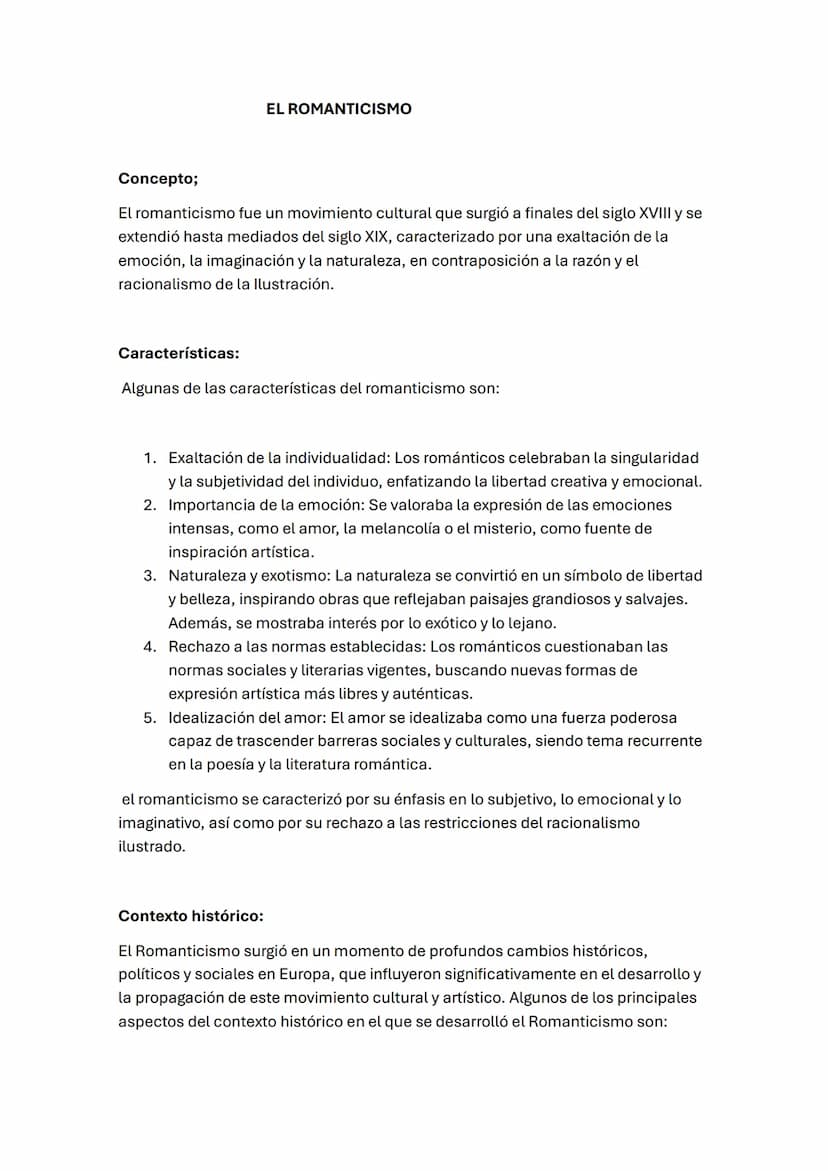EL ROMANTICISMO
Concepto;
El romanticismo fue un movimiento cultural que surgió a finales del siglo XVIII y se
extendió hasta mediados del s
