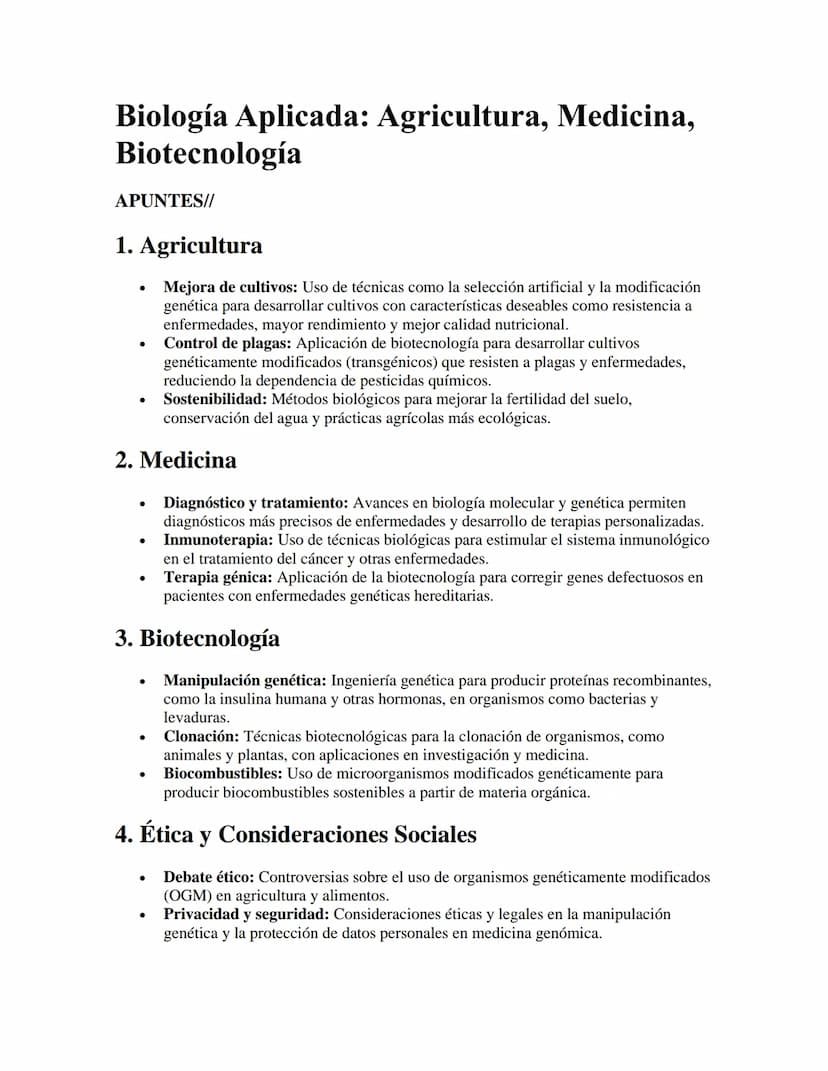 Biología Aplicada: Agricultura, Medicina,
Biotecnología
APUNTES/I/
1. Agricultura
•
.
Mejora de cultivos: Uso de técnicas como la selección 