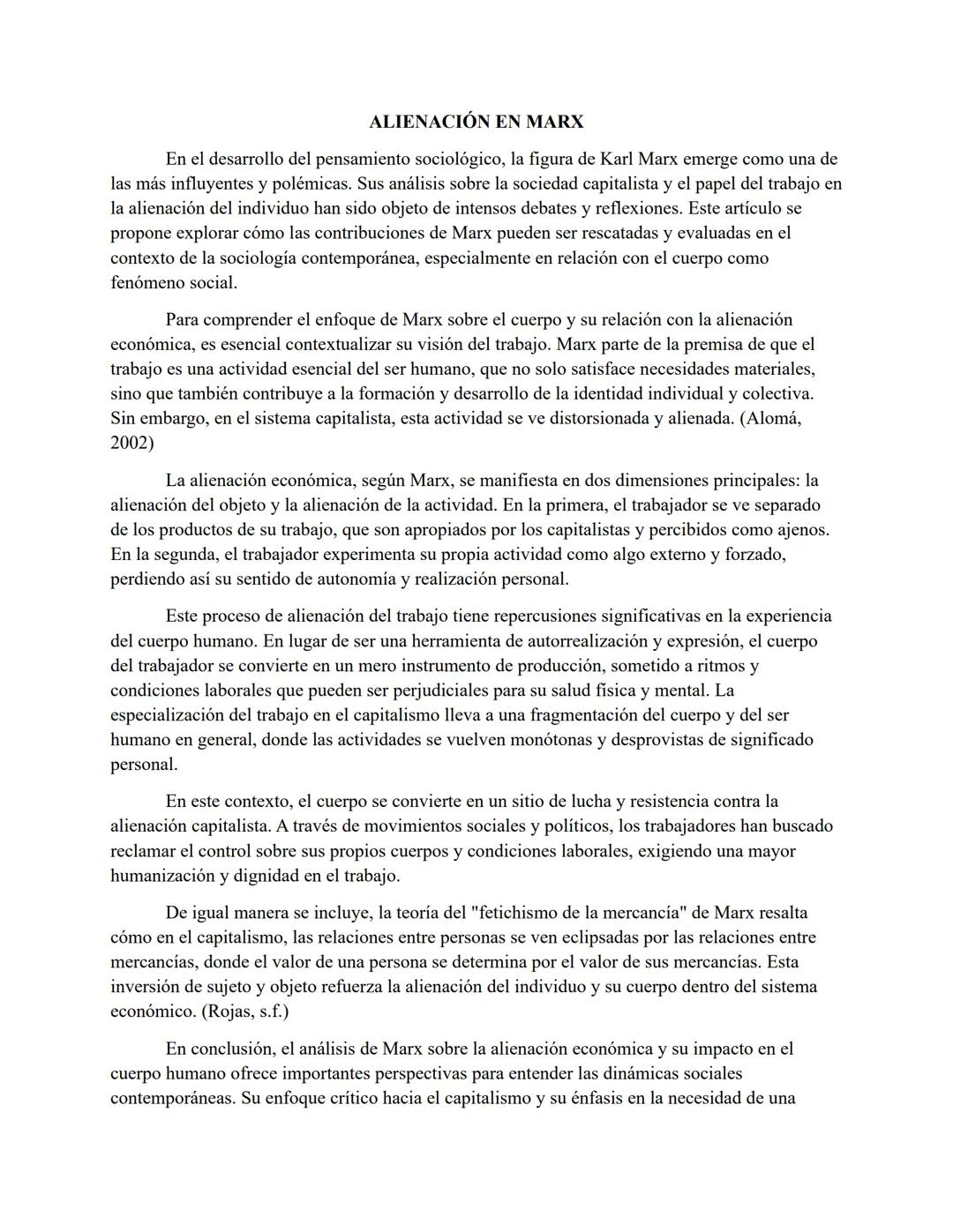 ALIENACIÓN EN MARX
En el desarrollo del pensamiento sociológico, la figura de Karl Marx emerge como una de
las más influyentes y polémicas. 