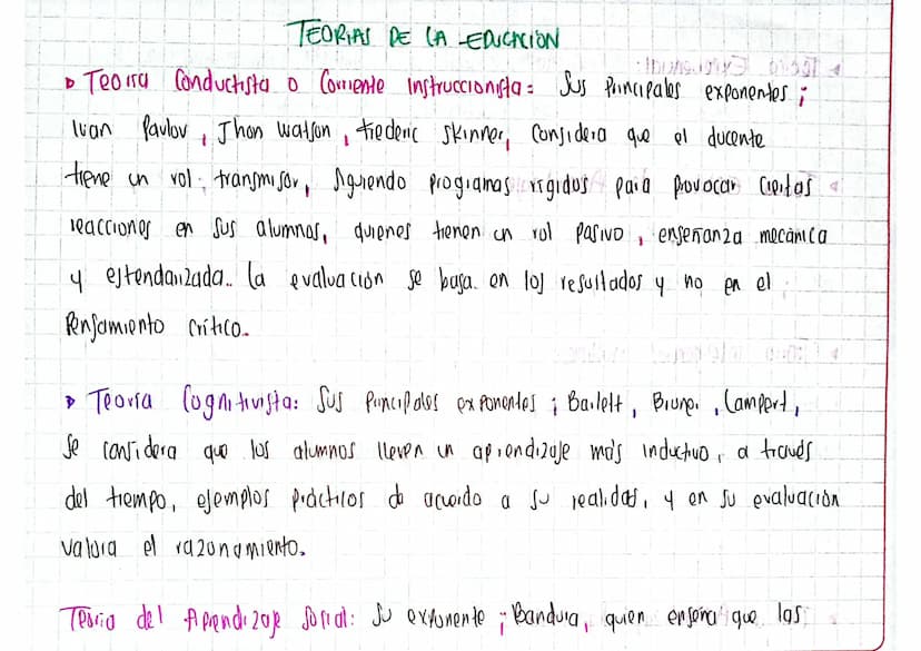 TEORIAS DE LA EDUCACIÓN
• Teoria Conductistas o Corriente instruccionista: Sus Principales exponentes ;
Ivan Pavlov, Jhon Watson, Frederic S
