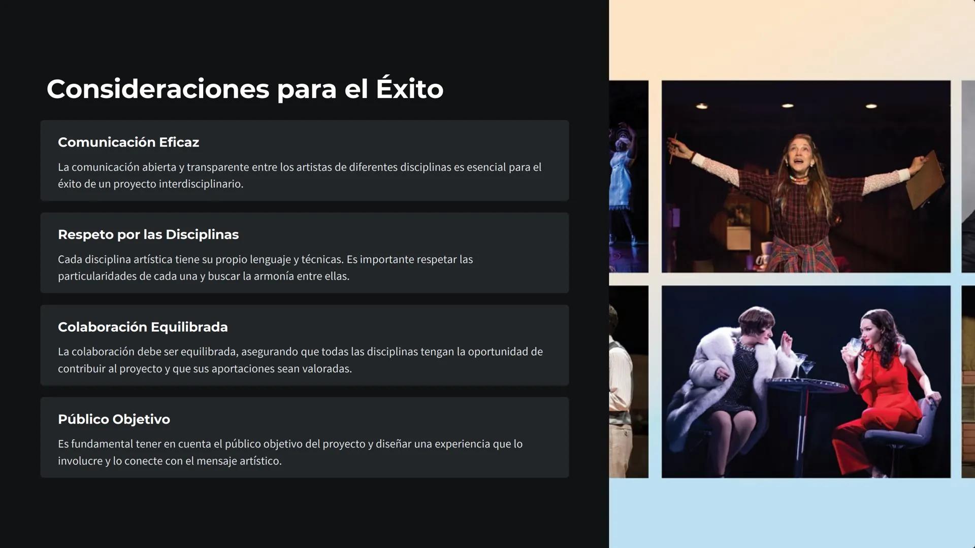 Artes Escénicas
Integradas
Las artes escénicas integradas abarcan la fusión de diferentes
disciplinas artísticas para crear experiencias esc