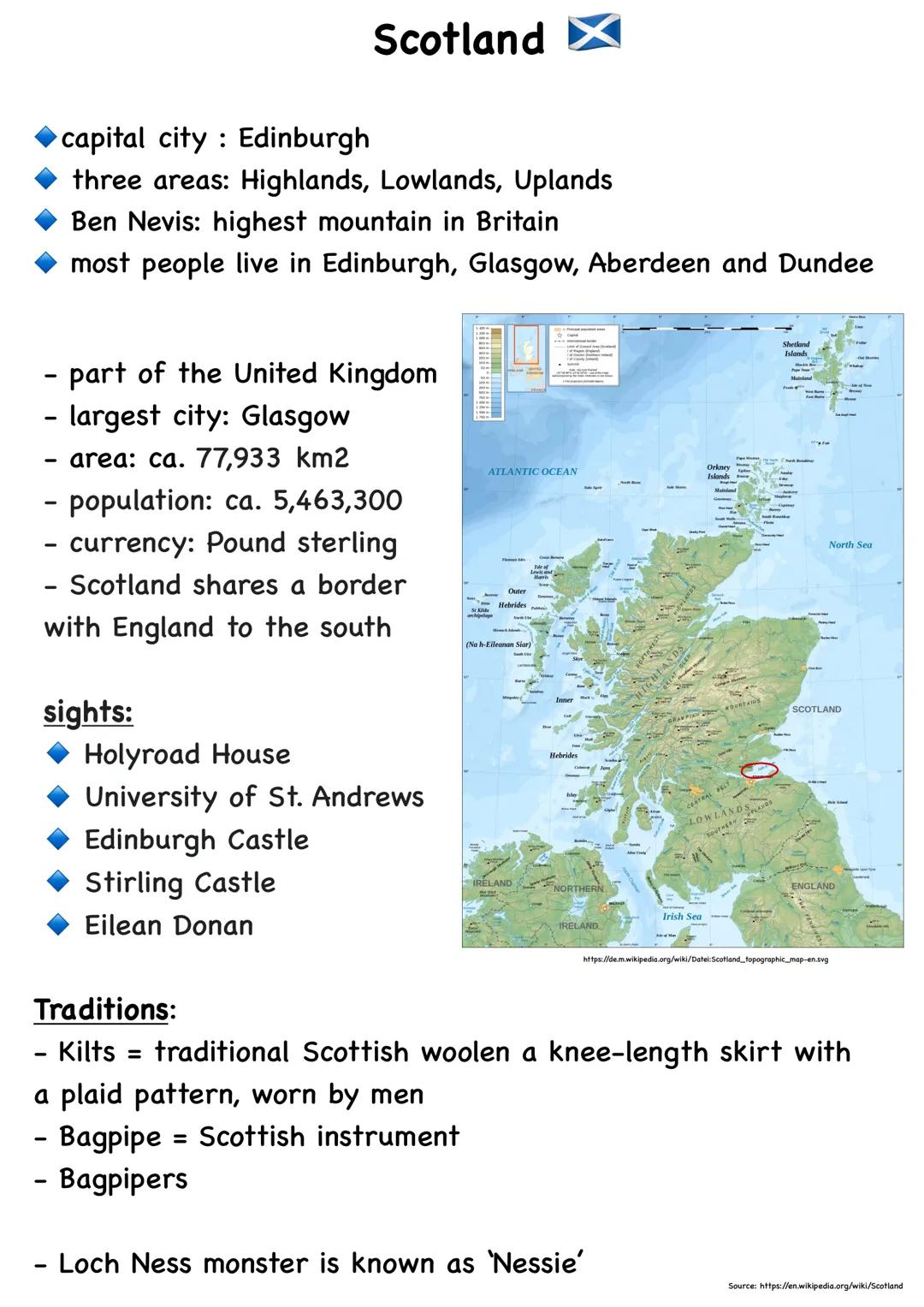 # Scotland

capital city: Edinburgh

three areas: Highlands, Lowlands, Uplands

Ben Nevis: highest mountain in Britain

most people live in 