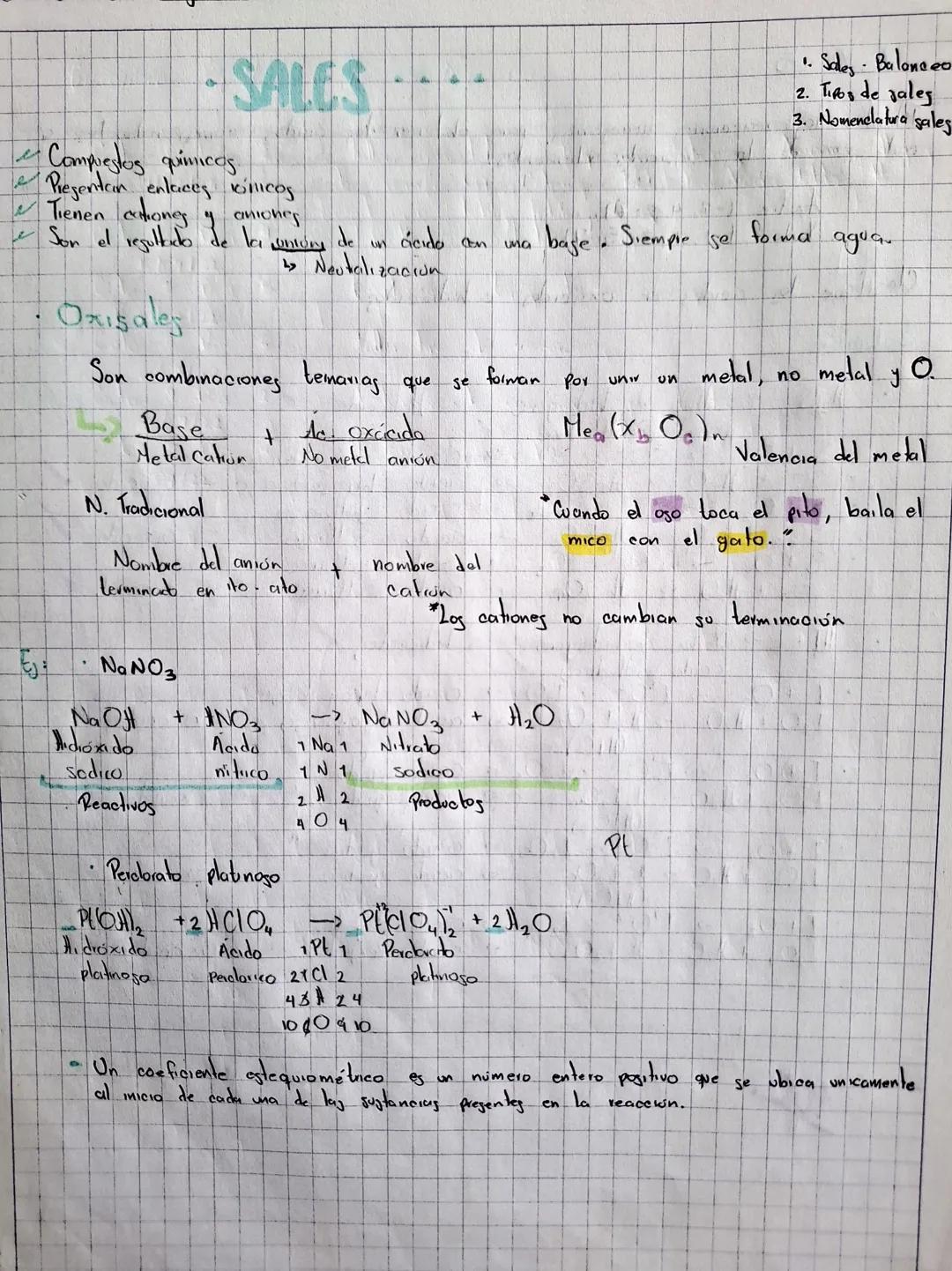 SALES
Compuestos químicos
Presentan enlaces cos
Tienen extiones
& Son el resultado famiones
la
Suntory
de
un
Cicido
en
una
↳ Neutalizacion
O