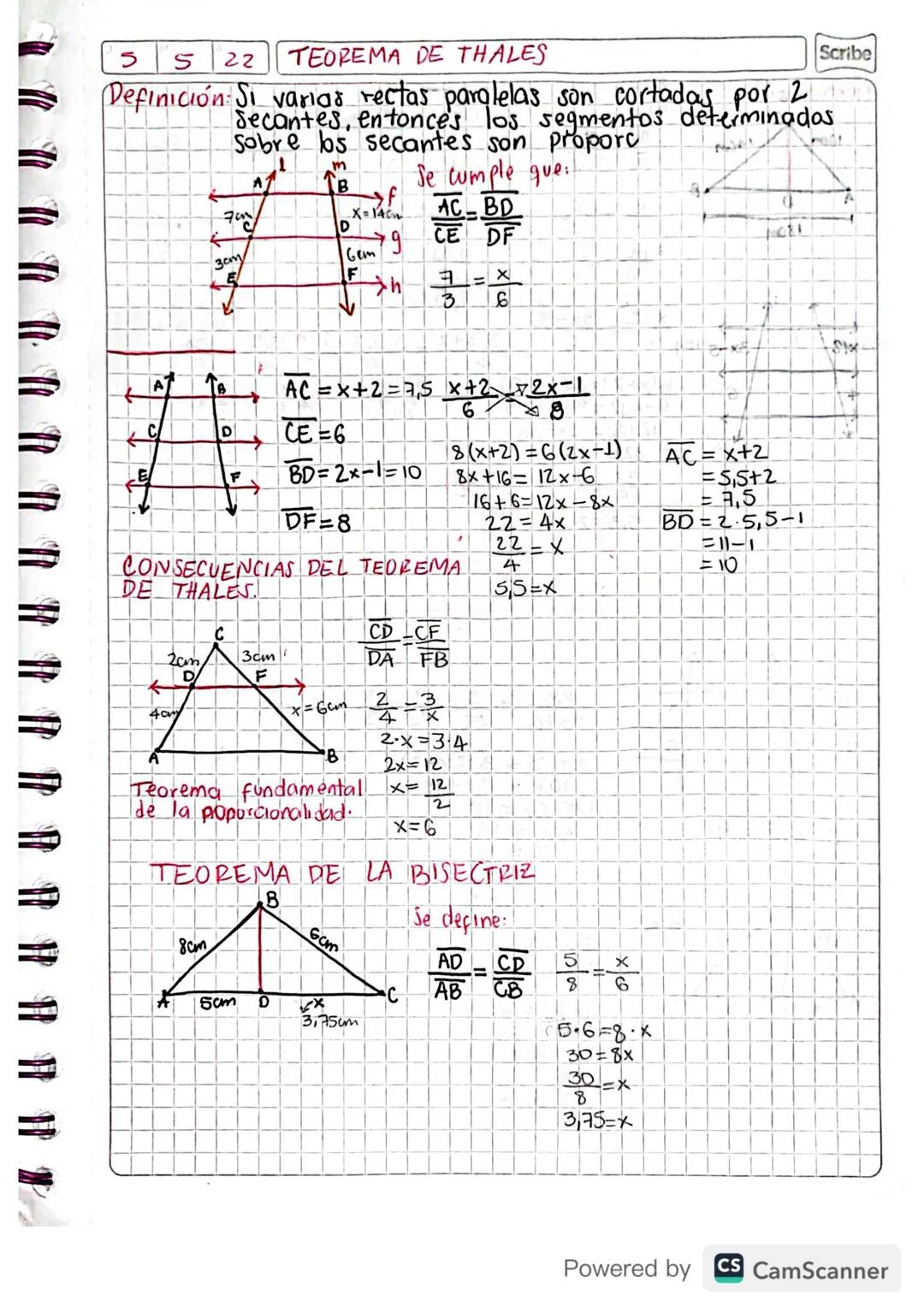 5
522 TEOREMA DE THALES
Scribe
Definición Secvarias, erectas paralelas some cortadget ponadas
por 2
Sobre los secantes son proporc
Se cumple