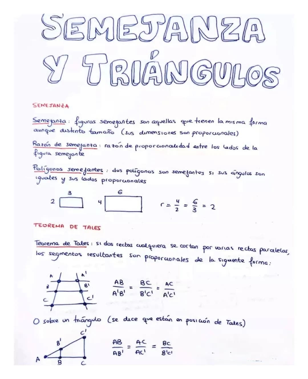 SEMEJANZA
Y TRIÁNGULOS
SEMEJANZA
Semejanza: figuras semejantes son aquellas que tienen la misma forma
aunque distinto tamaño (sus dimensione