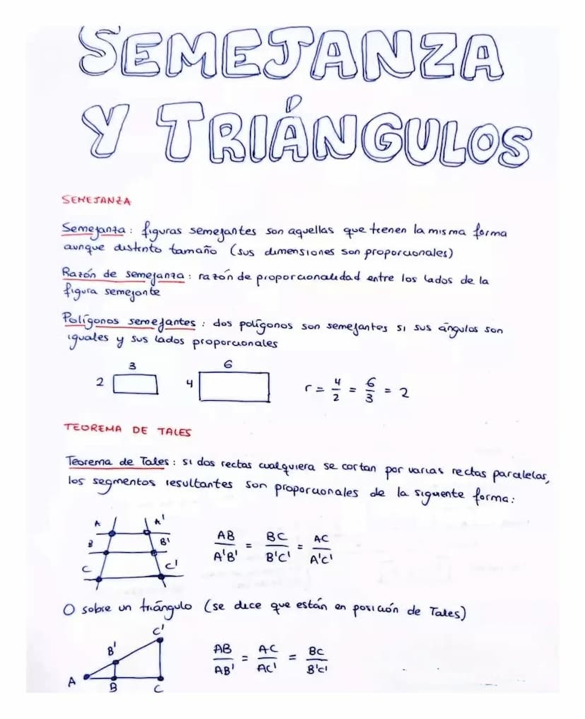 SEMEJANZA
Y TRIÁNGULOS
SEMEJANZA
Semejanza: figuras semejantes son aquellas que tienen la misma forma
aunque distinto tamaño (sus dimensione
