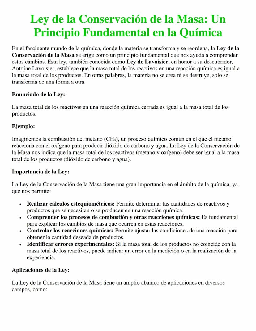 Ley de la Conservación de la Masa: Un
Principio Fundamental en la Química
En el fascinante mundo de la química, donde la materia se transfor