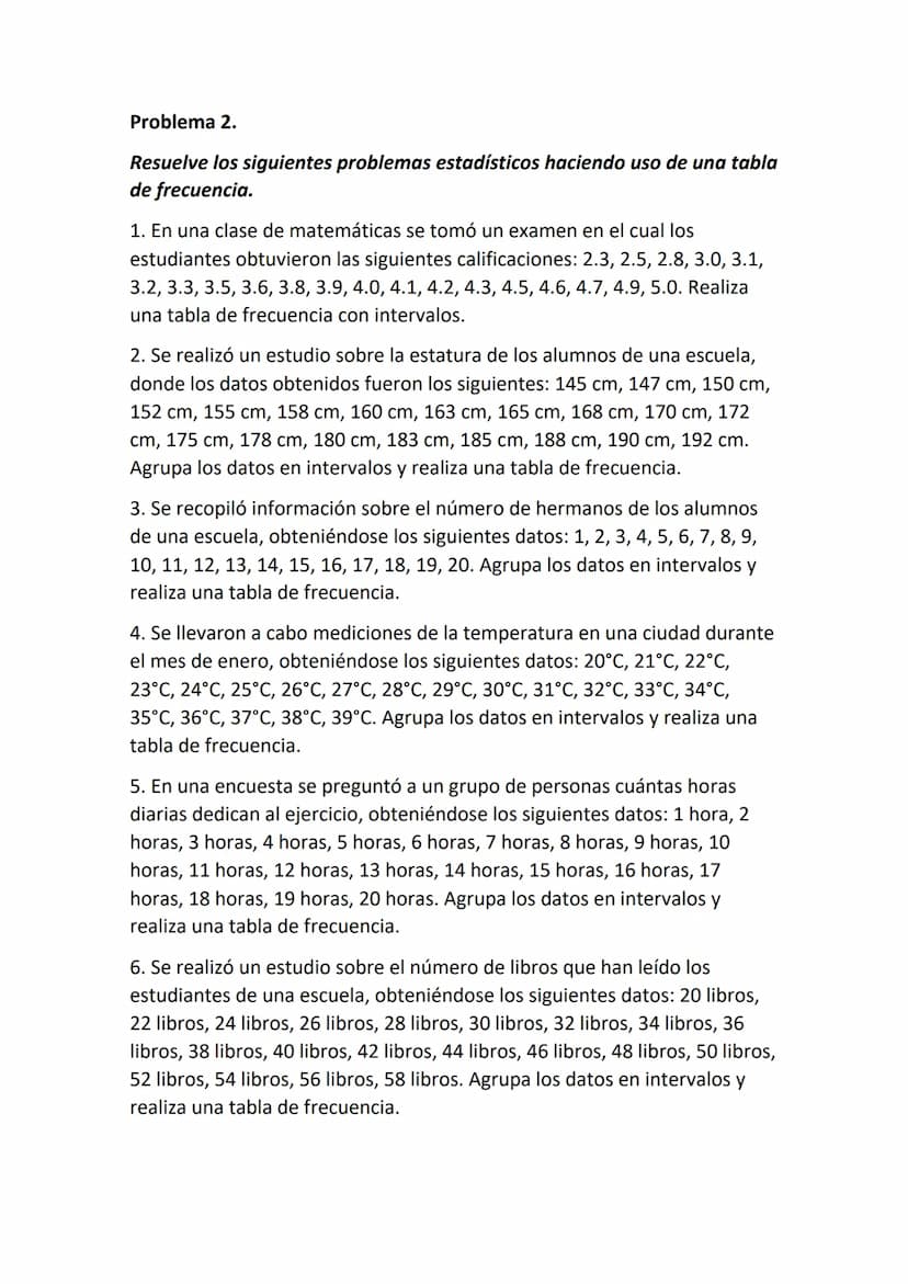 Taller de ejercicios de estadística para practicar en casa
grado 9°
Periodo II
Debe entregar en medio físico (Hojas en blanco de manera clar