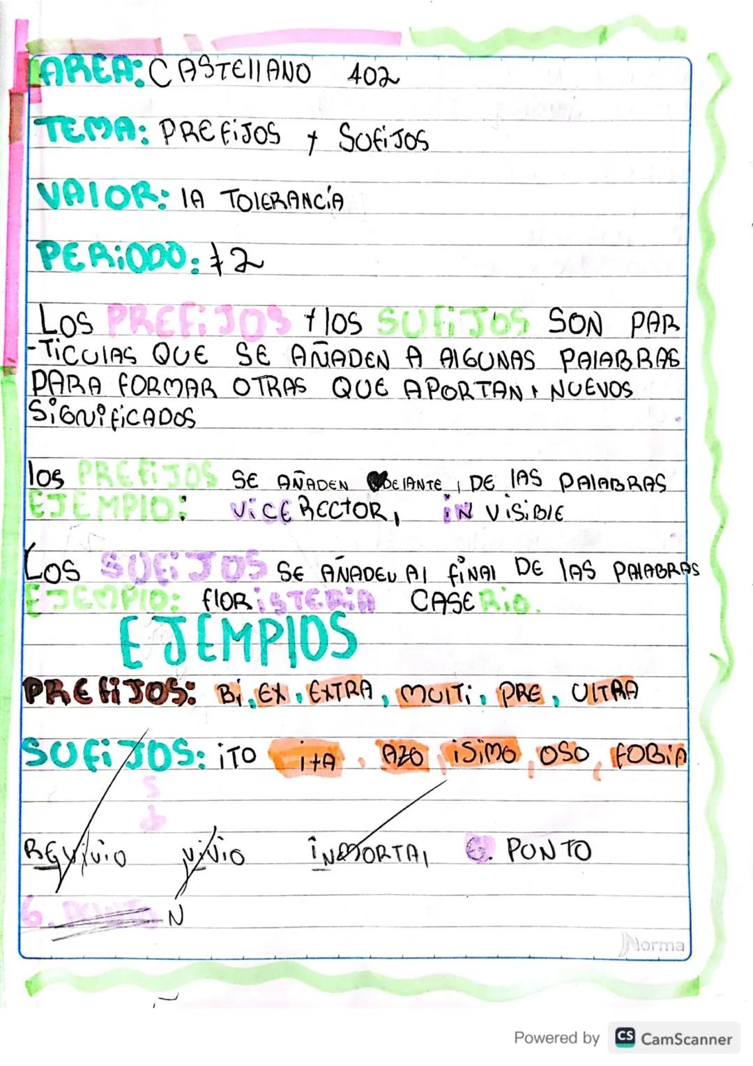 LAREA: CASTELLANO 402
TEMA: PREFIJOS + SufiJos
t
VAIOR: IA TOLERANCIA
PERIODO: +2
Los PREFIJOS flos SUBJOS SON PAR
TICULAS QUE SE AÑADEN A A