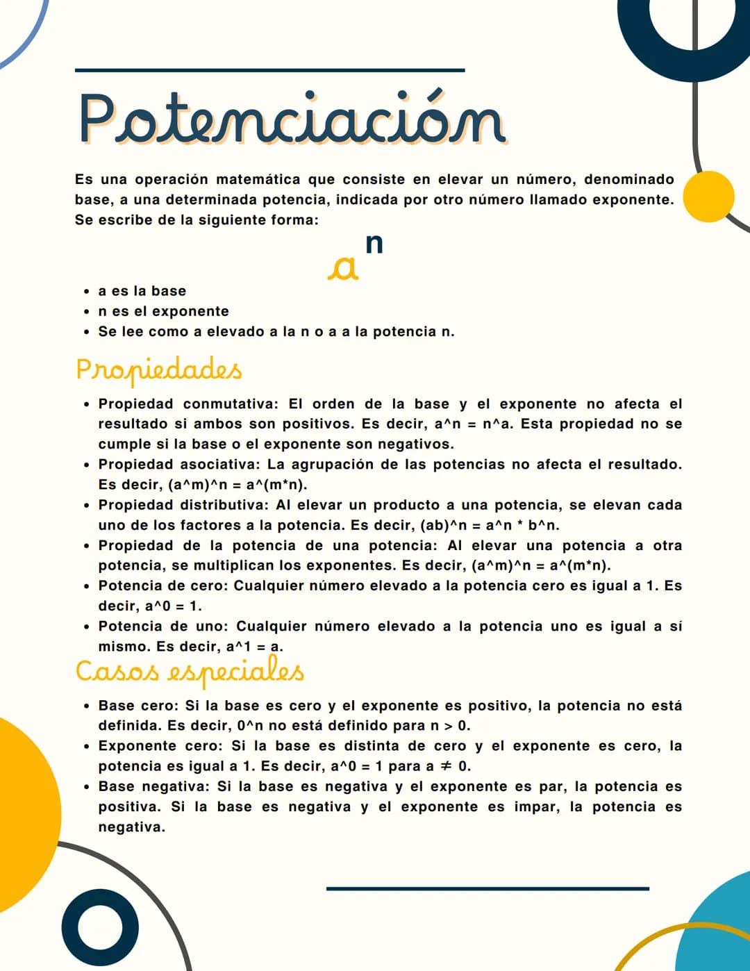 Potenciación
Es una operación matemática que consiste en elevar un número, denominado
base, a una determinada potencia, indicada por otro nú